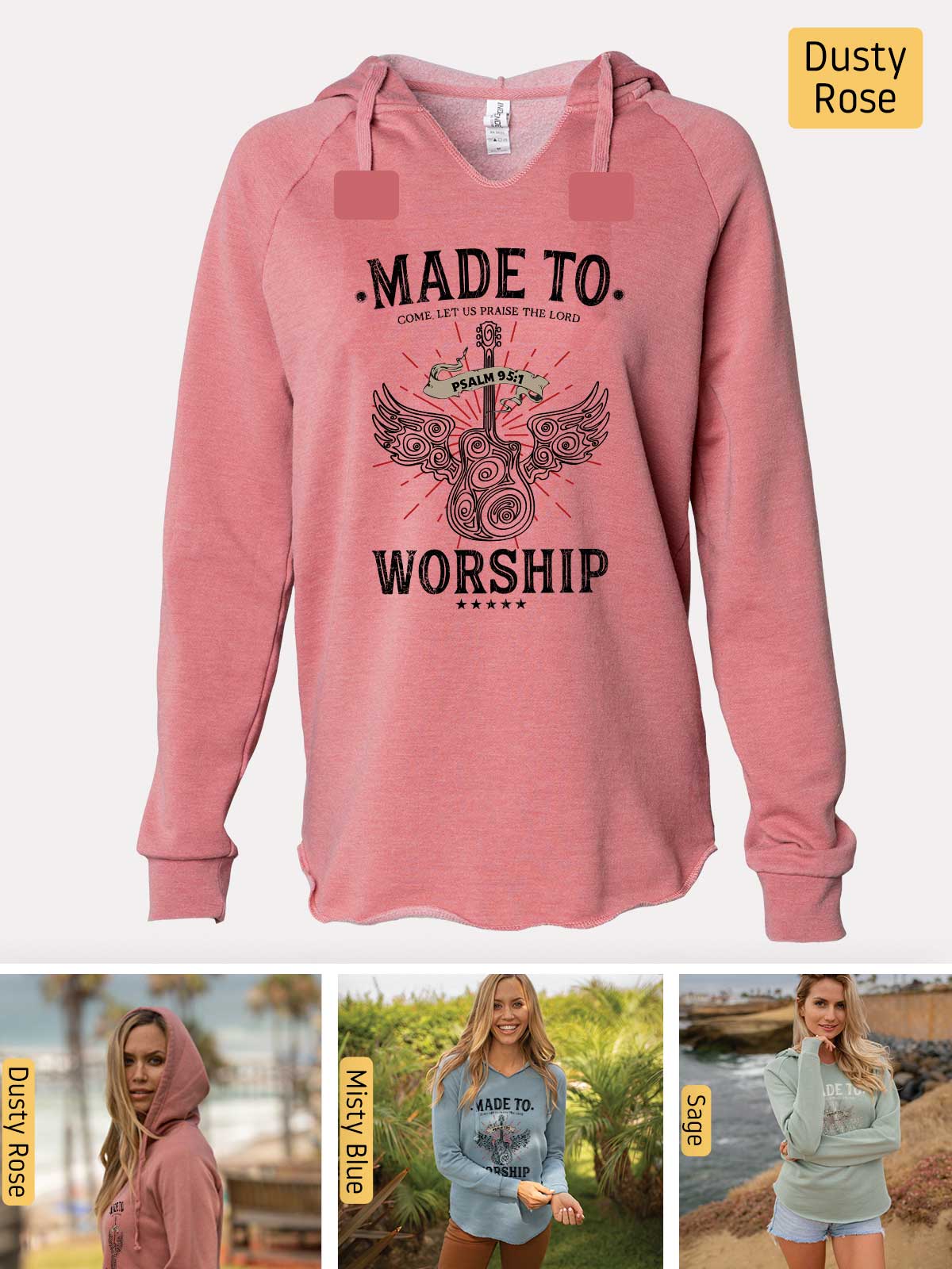 a woman wearing a pink hoodie with the words made to worship on it