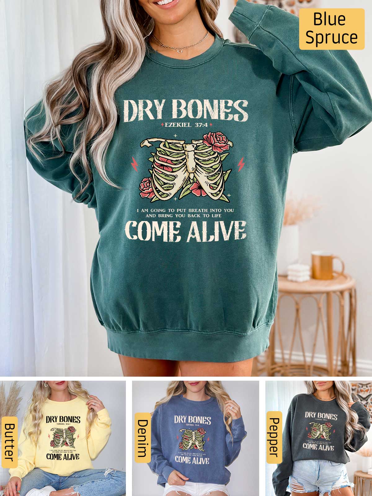 a woman wearing a green sweatshirt with the words dry bones come alive on it