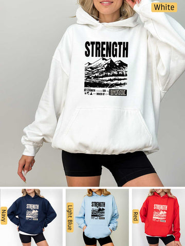 a woman wearing a sweatshirt with the words strength on it