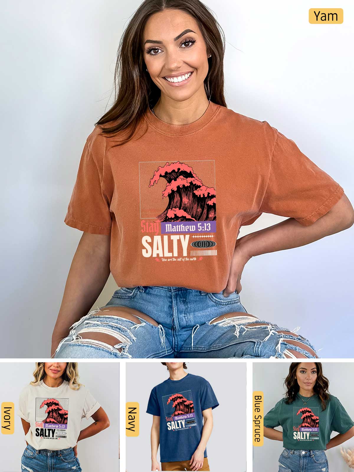 a woman wearing a t - shirt that says salty