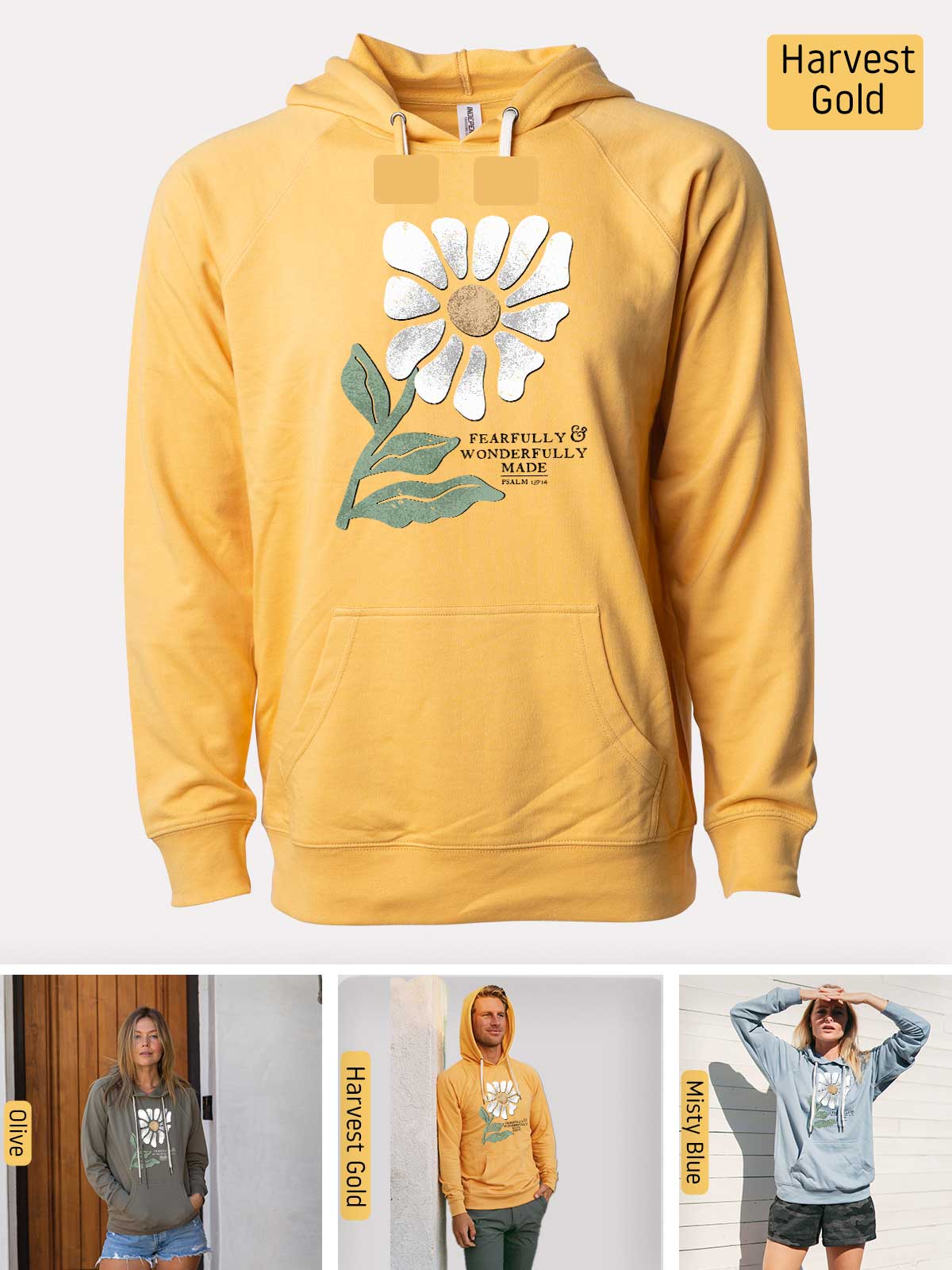 a woman wearing a yellow hoodie with a flower on it