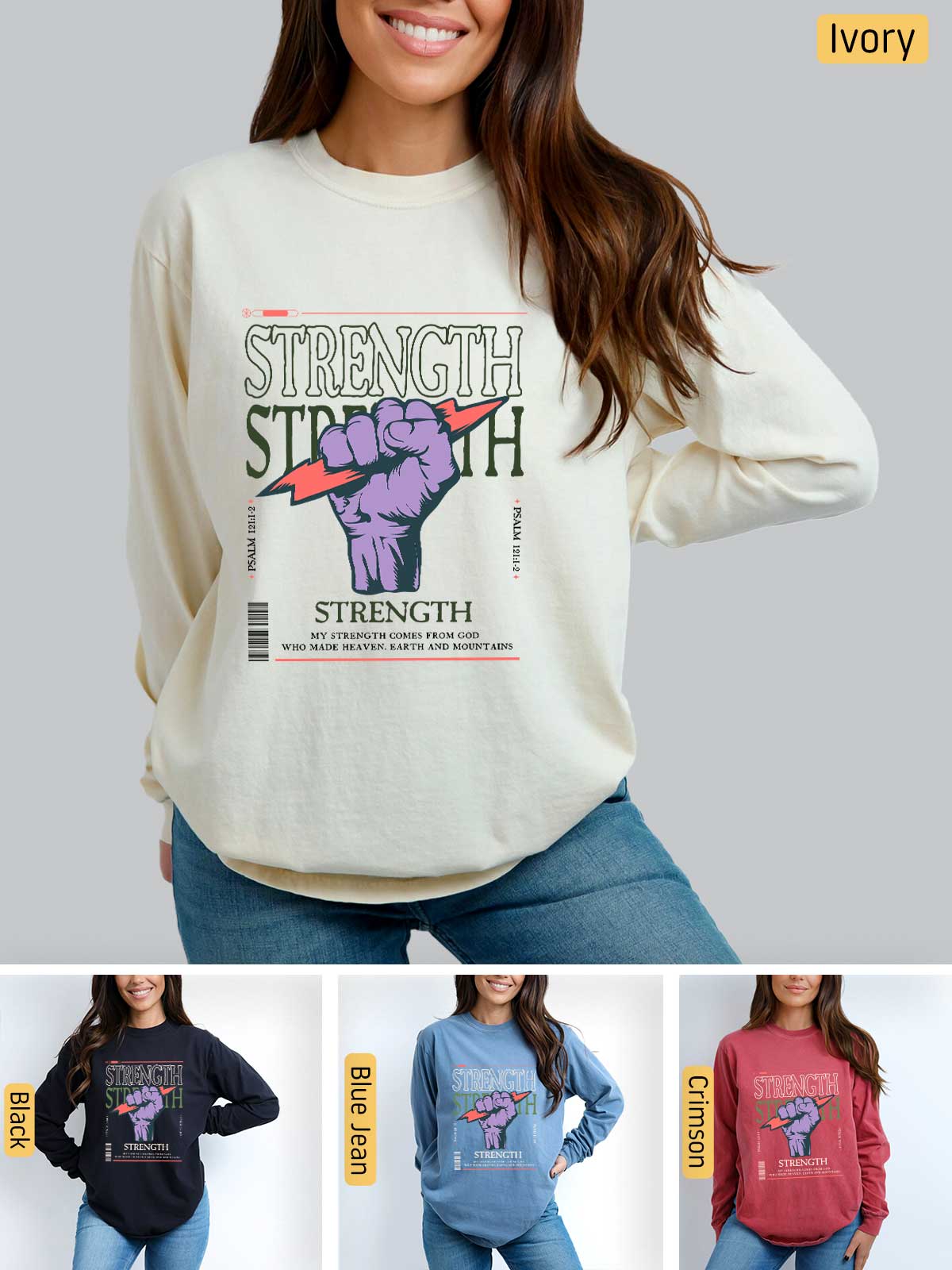 a woman wearing a sweatshirt with the words strength on it