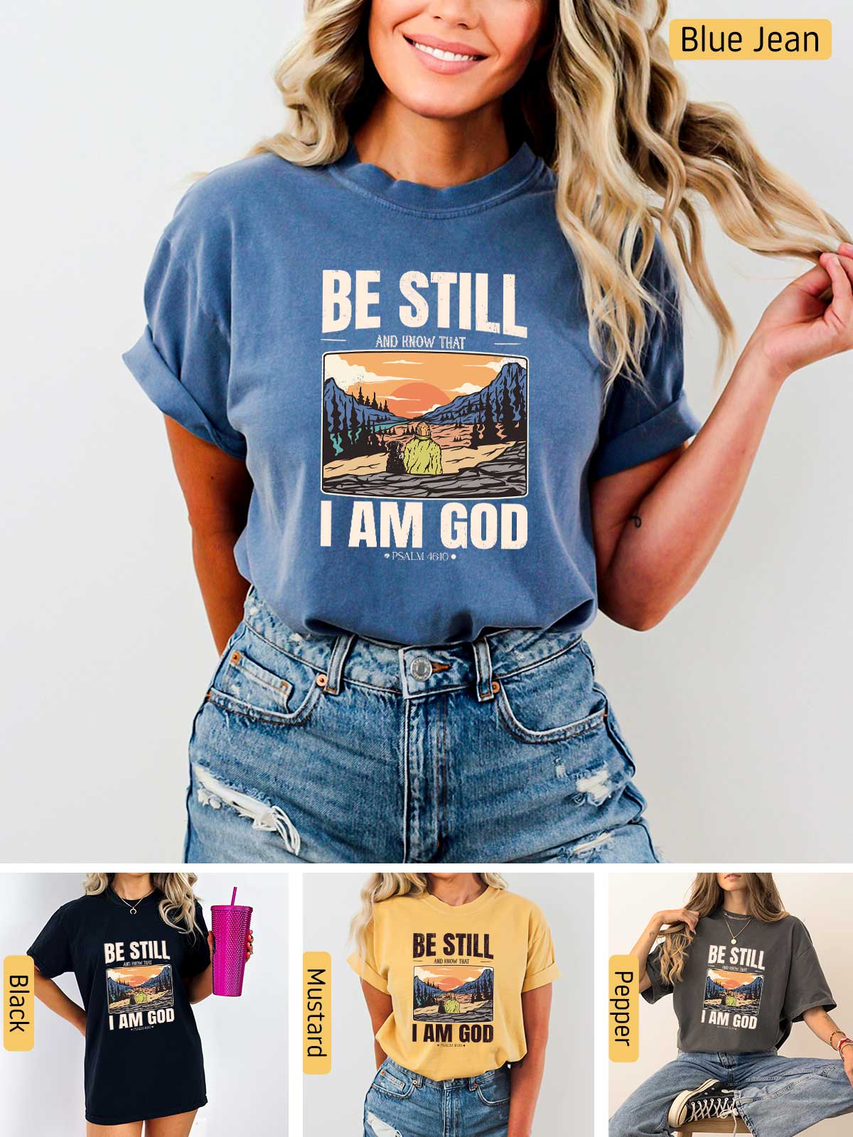 a woman wearing a t - shirt that says be still i am god