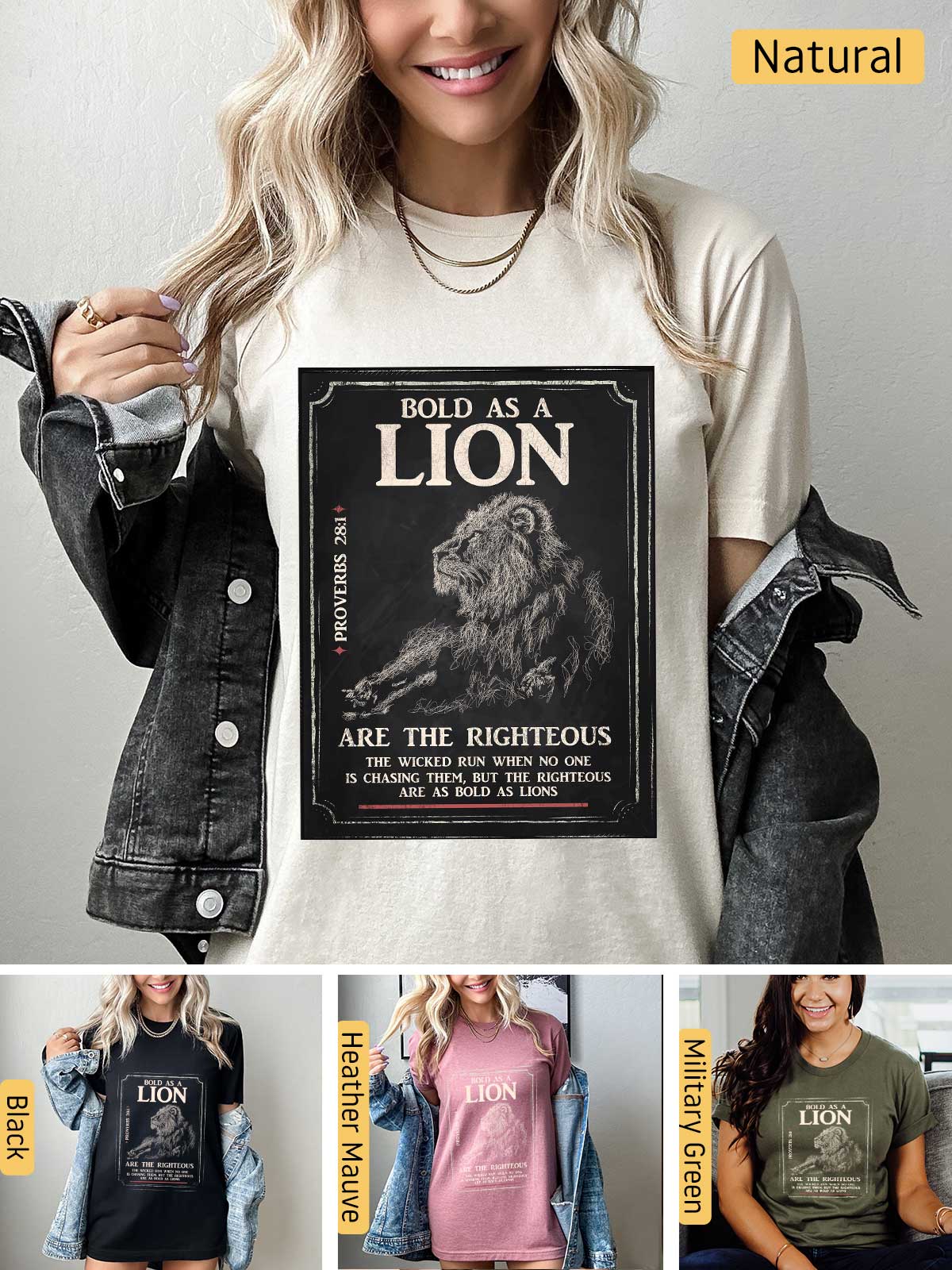 a woman wearing a lion t - shirt and denim jacket