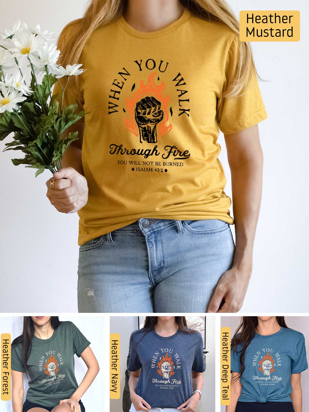 a woman wearing a t - shirt that says, when you want through fire,