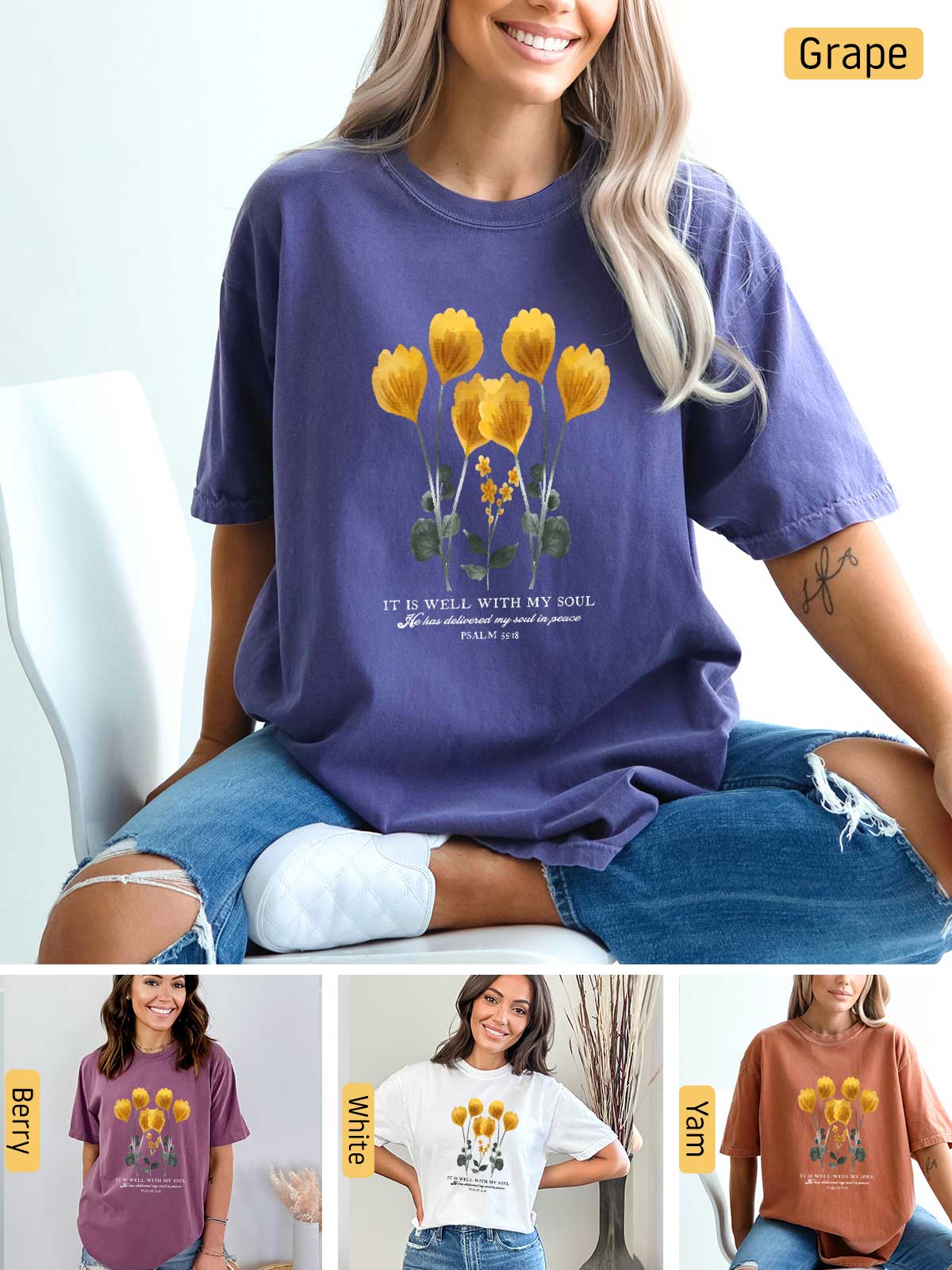 a woman wearing a purple shirt with yellow flowers on it