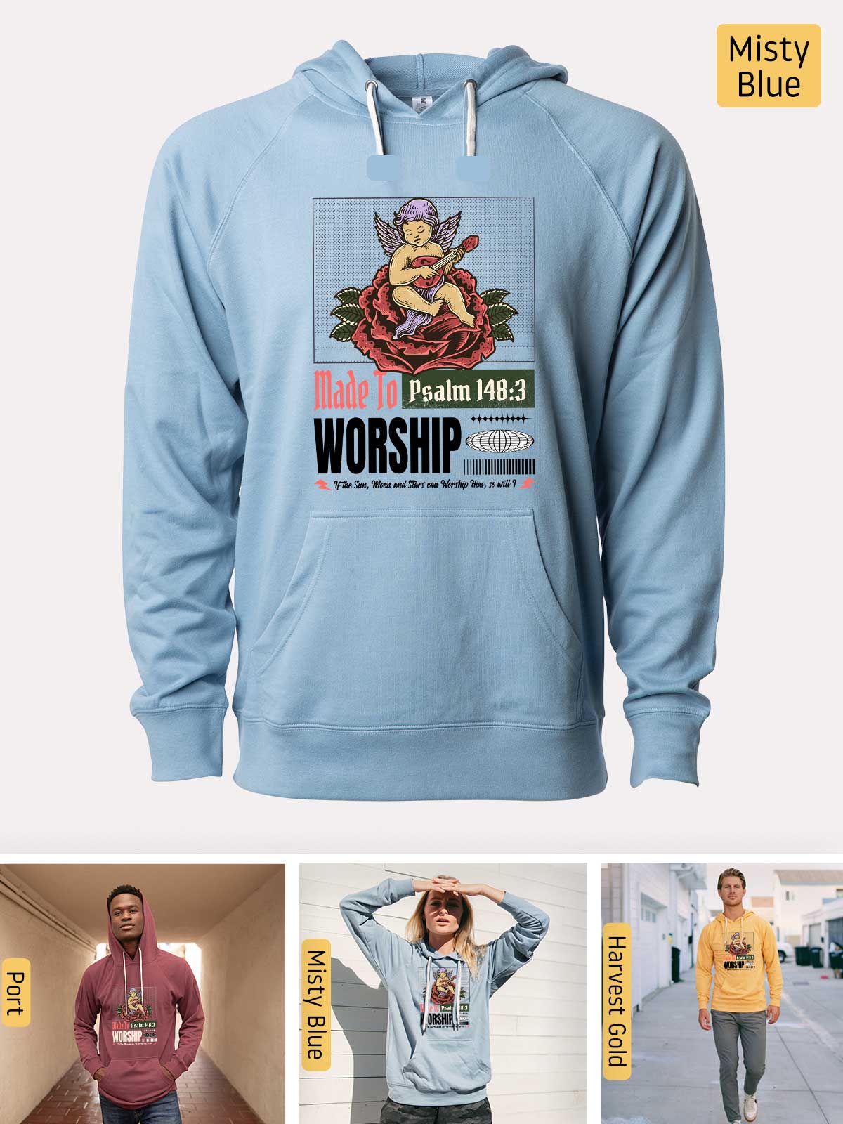 a blue hoodie with a picture of a woman on it