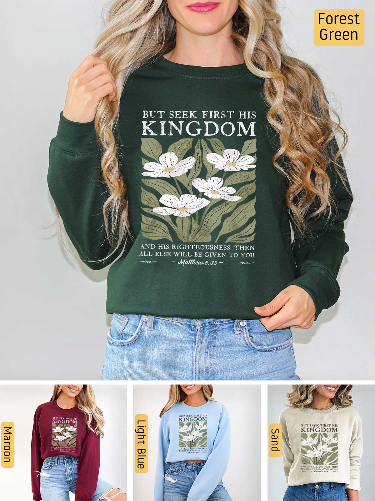 a woman wearing a sweatshirt that says, but seek first his kingdom