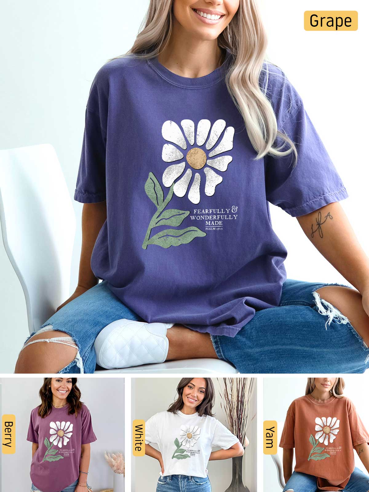 a woman wearing a t - shirt with a flower on it