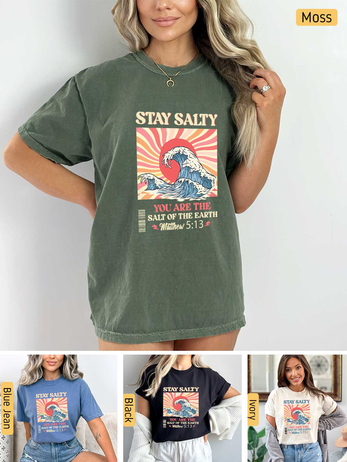 a woman wearing a shirt that says stay salty