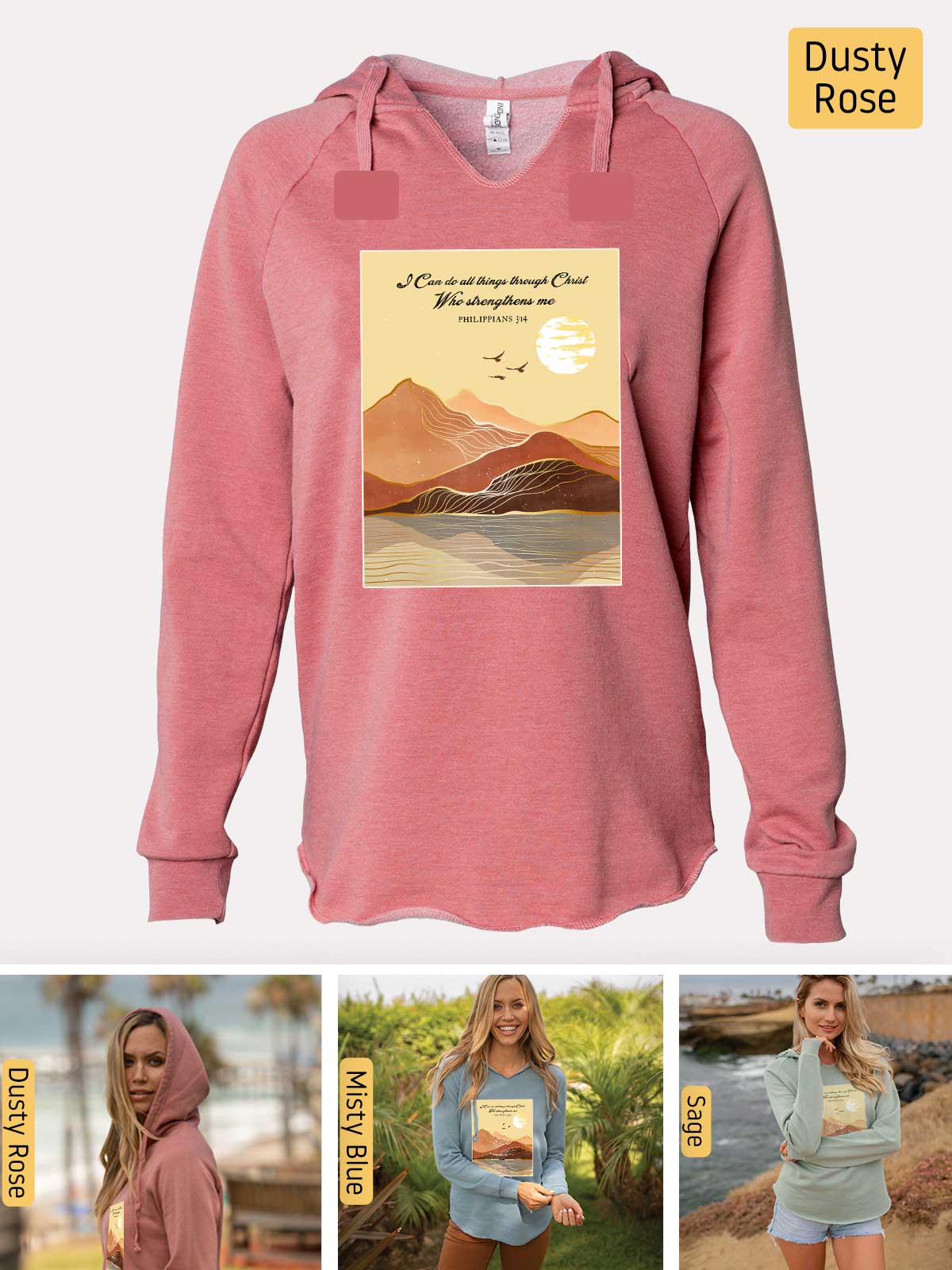 a woman wearing a pink hoodie with a picture of a mountain