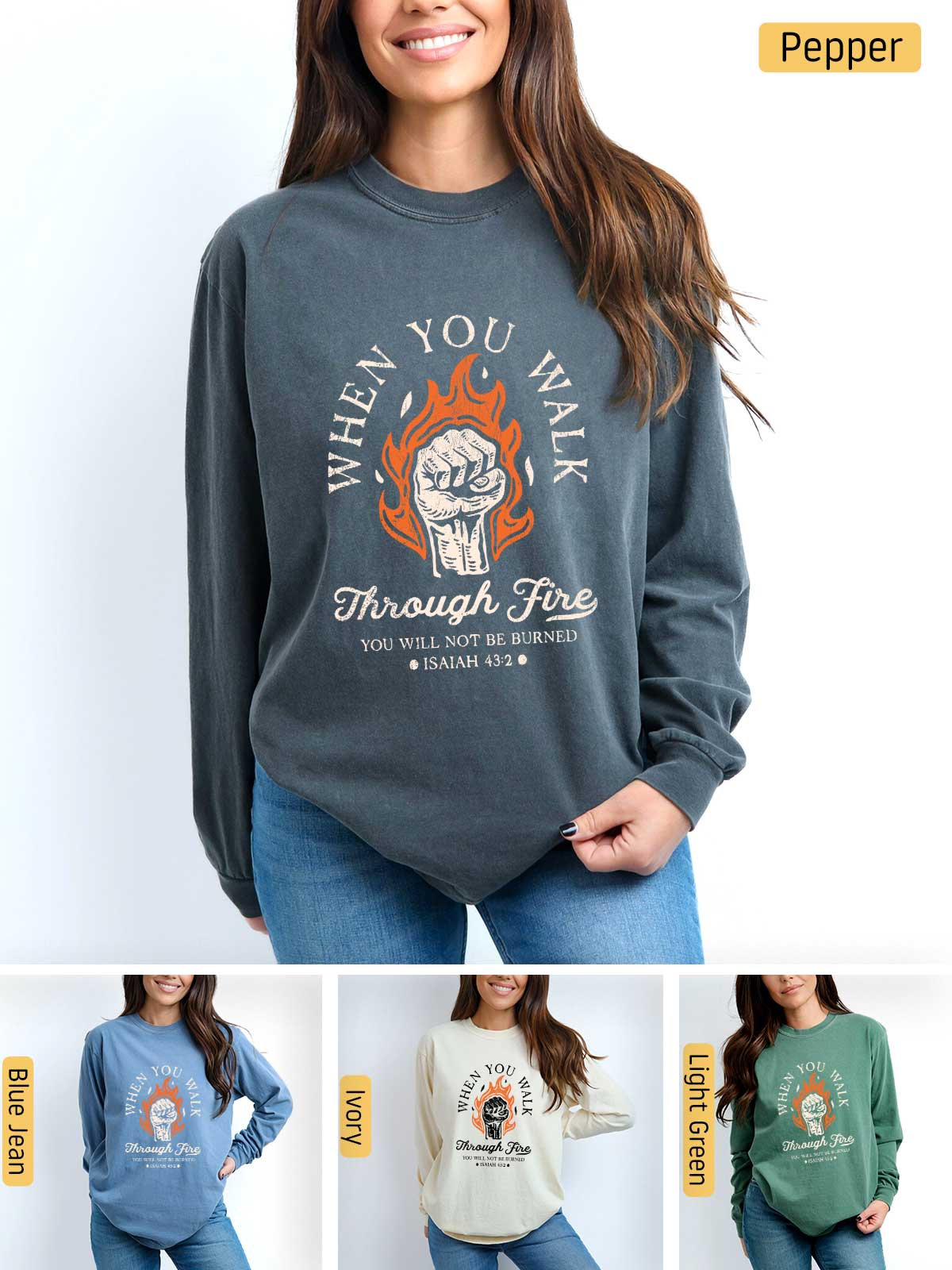 a woman wearing a sweatshirt that says, when you fall through fire