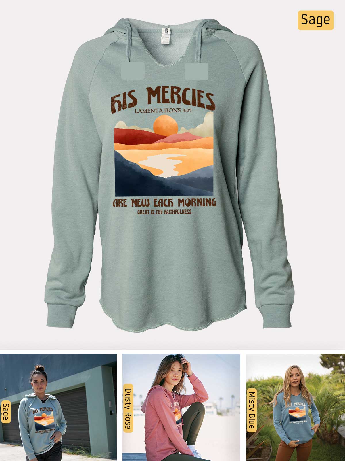 a woman is wearing a sweatshirt with a picture of a sunset on it