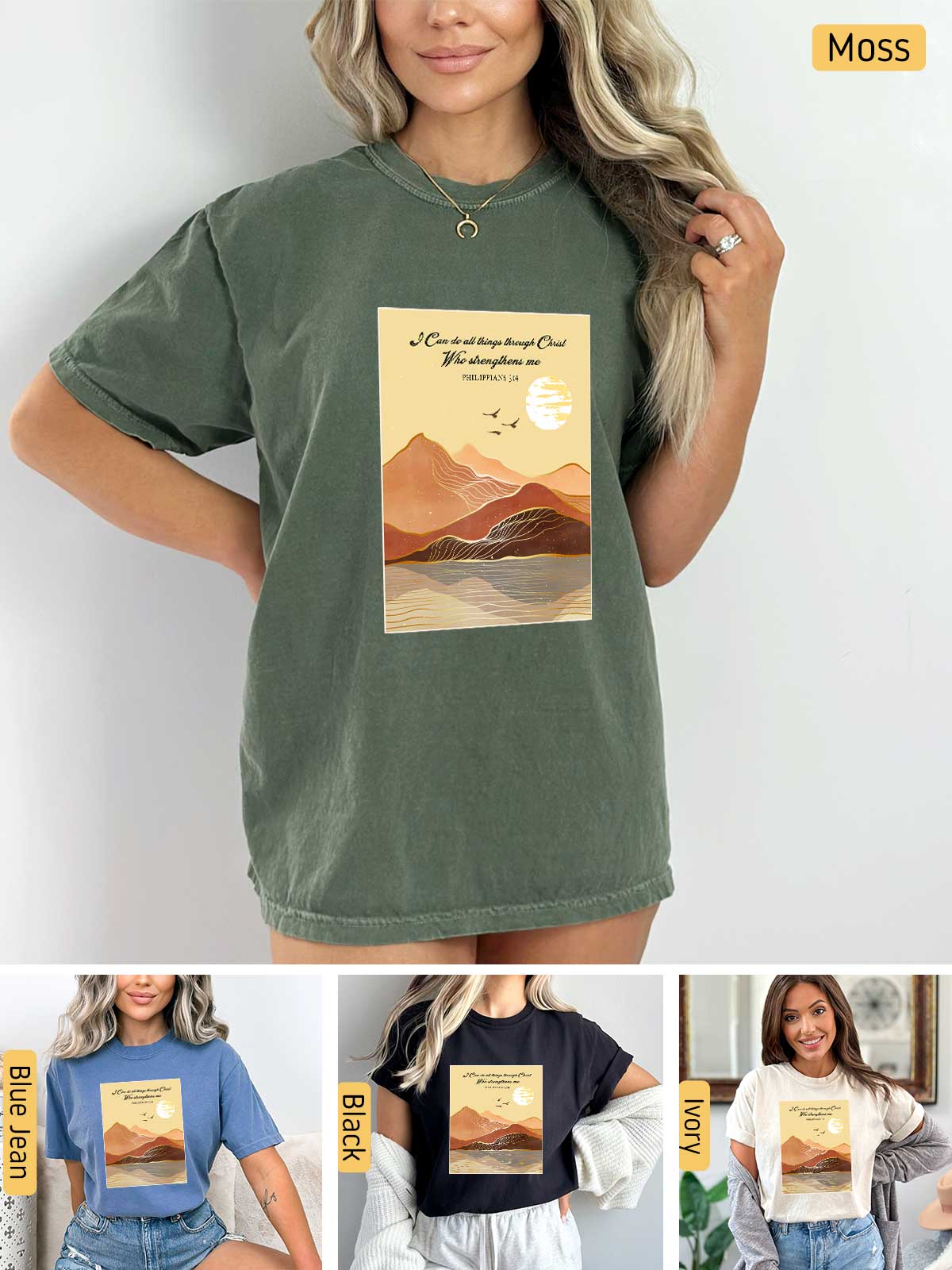 a woman wearing a t - shirt with a picture of mountains on it