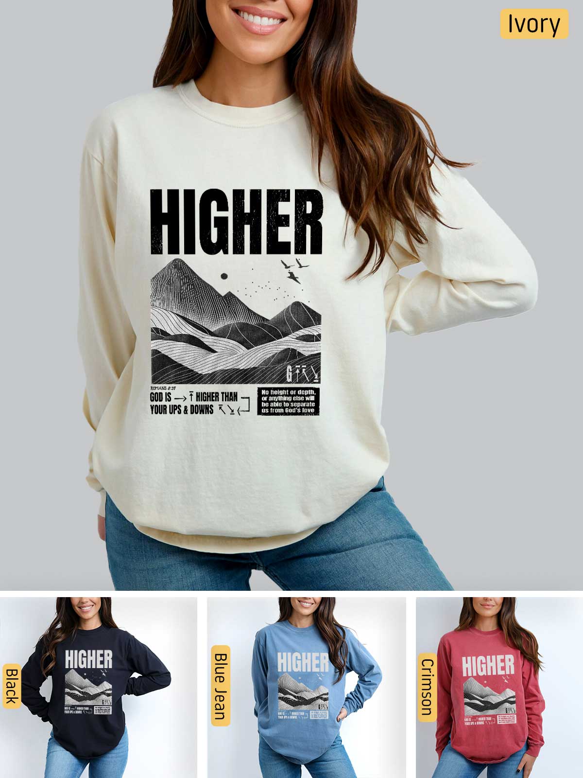 a woman wearing a sweatshirt with the words higher on it