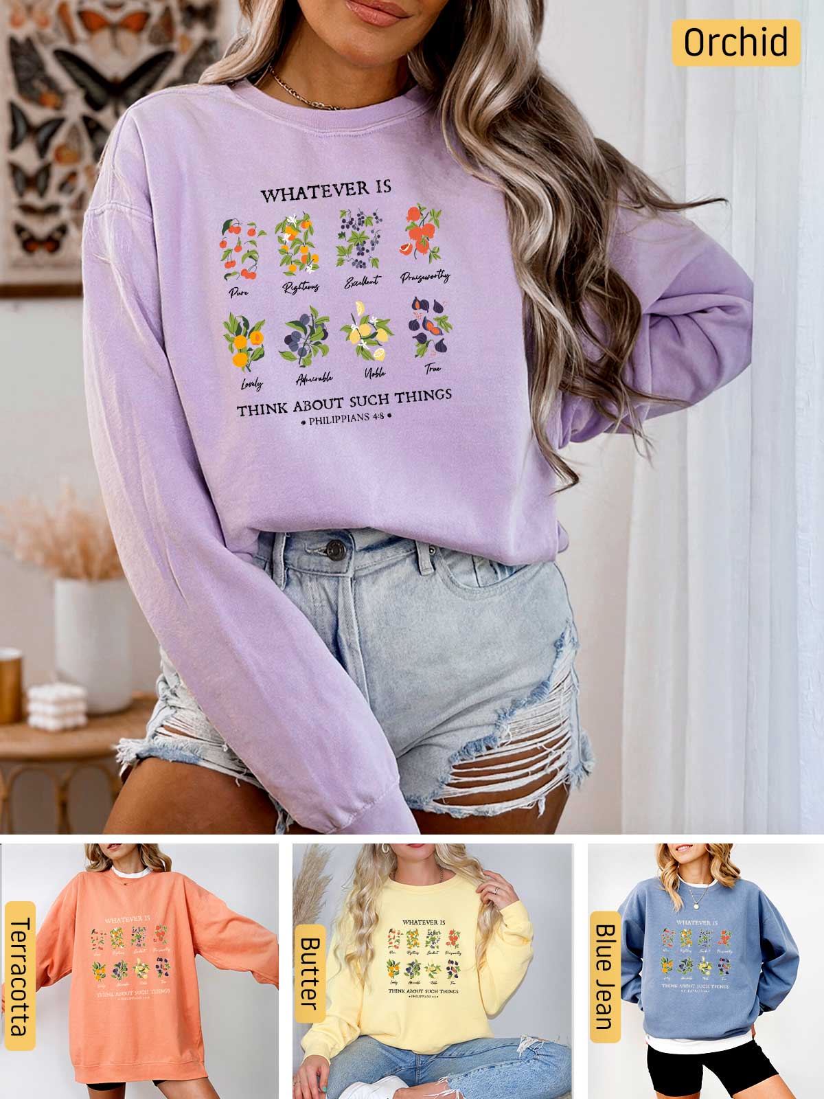 a woman wearing a sweater with flowers on it