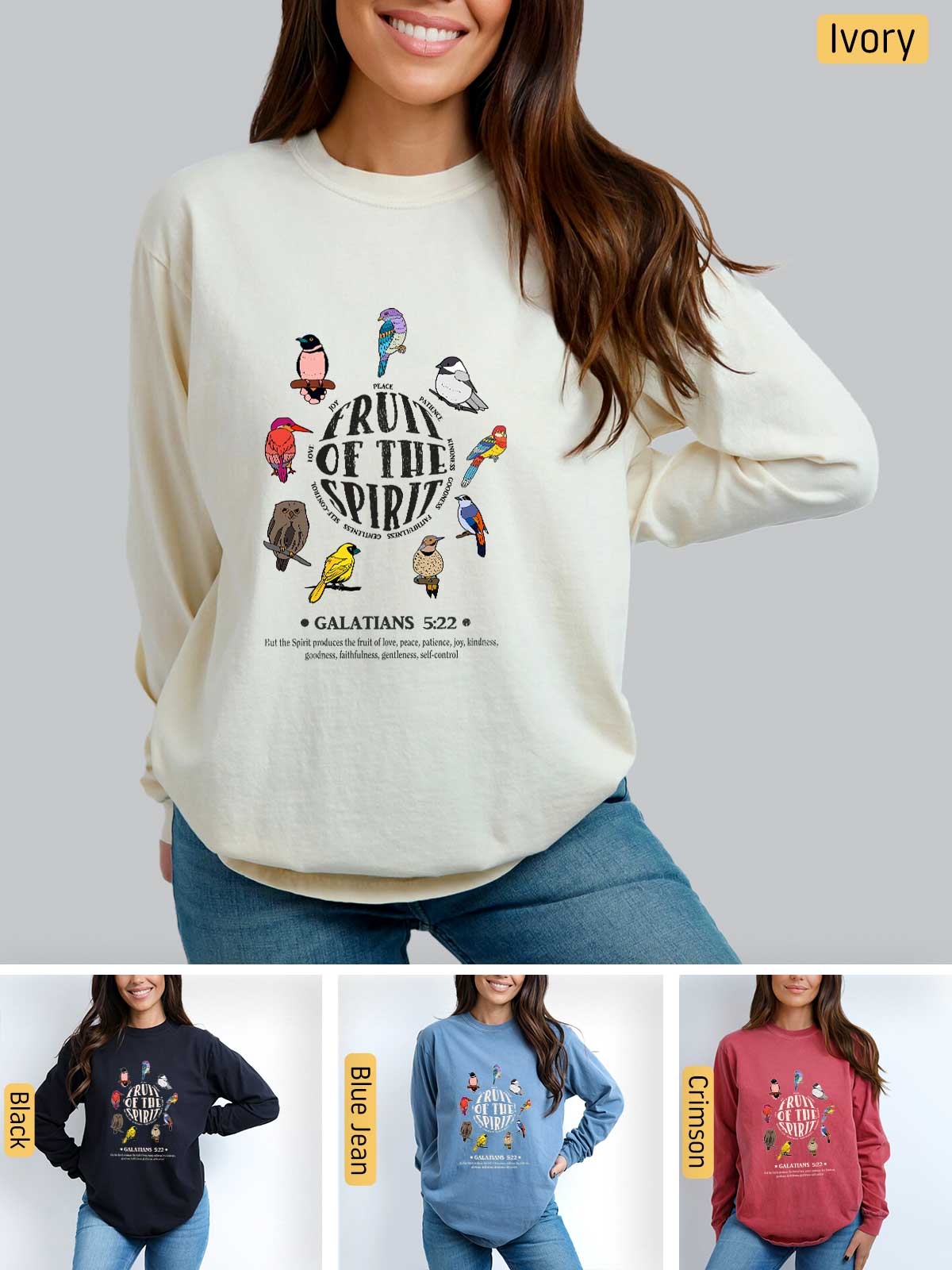 a woman wearing a sweatshirt with the words born of the spirit on it