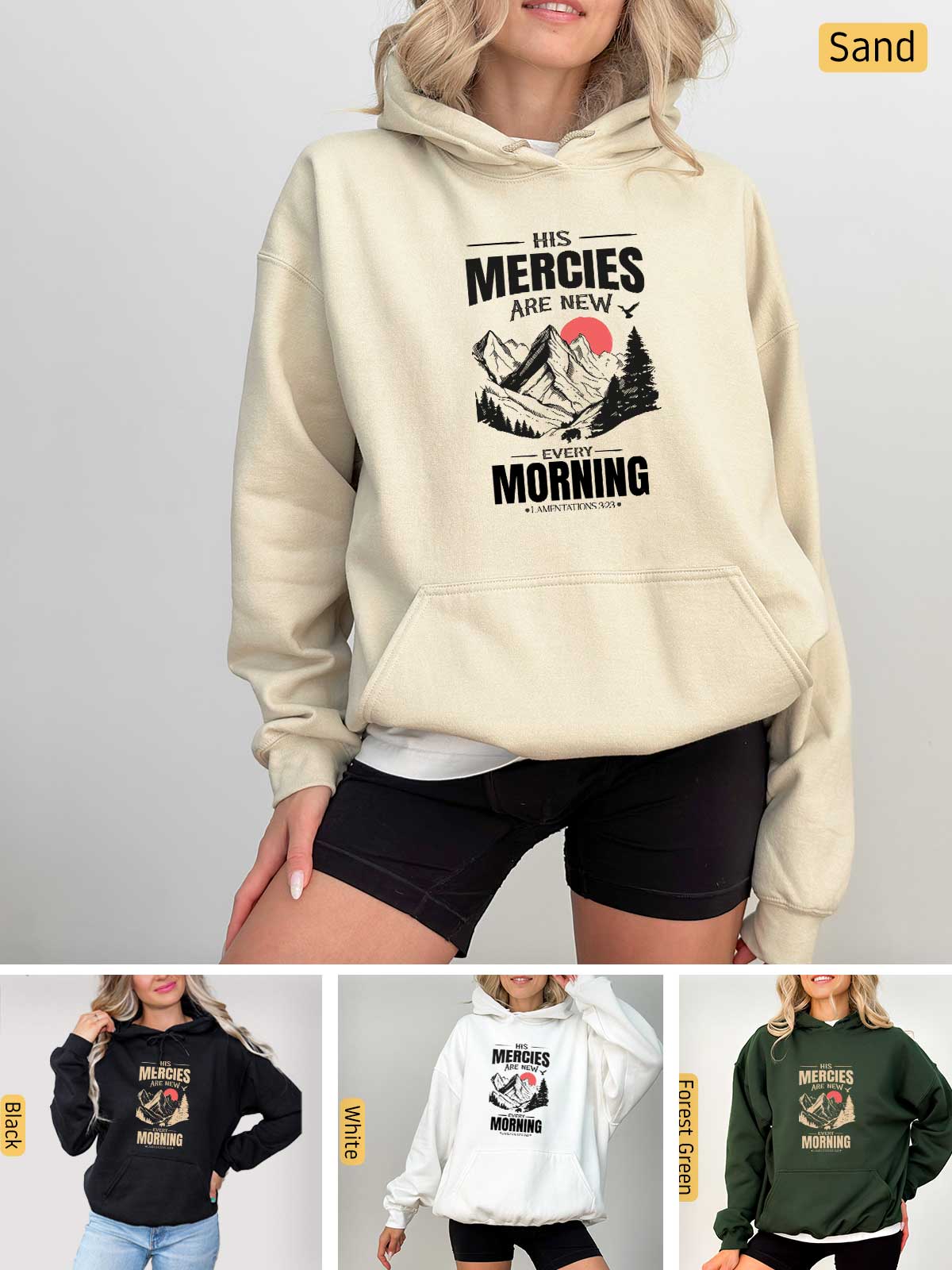 a woman wearing a sweatshirt and shorts with the words mercies are morning on it