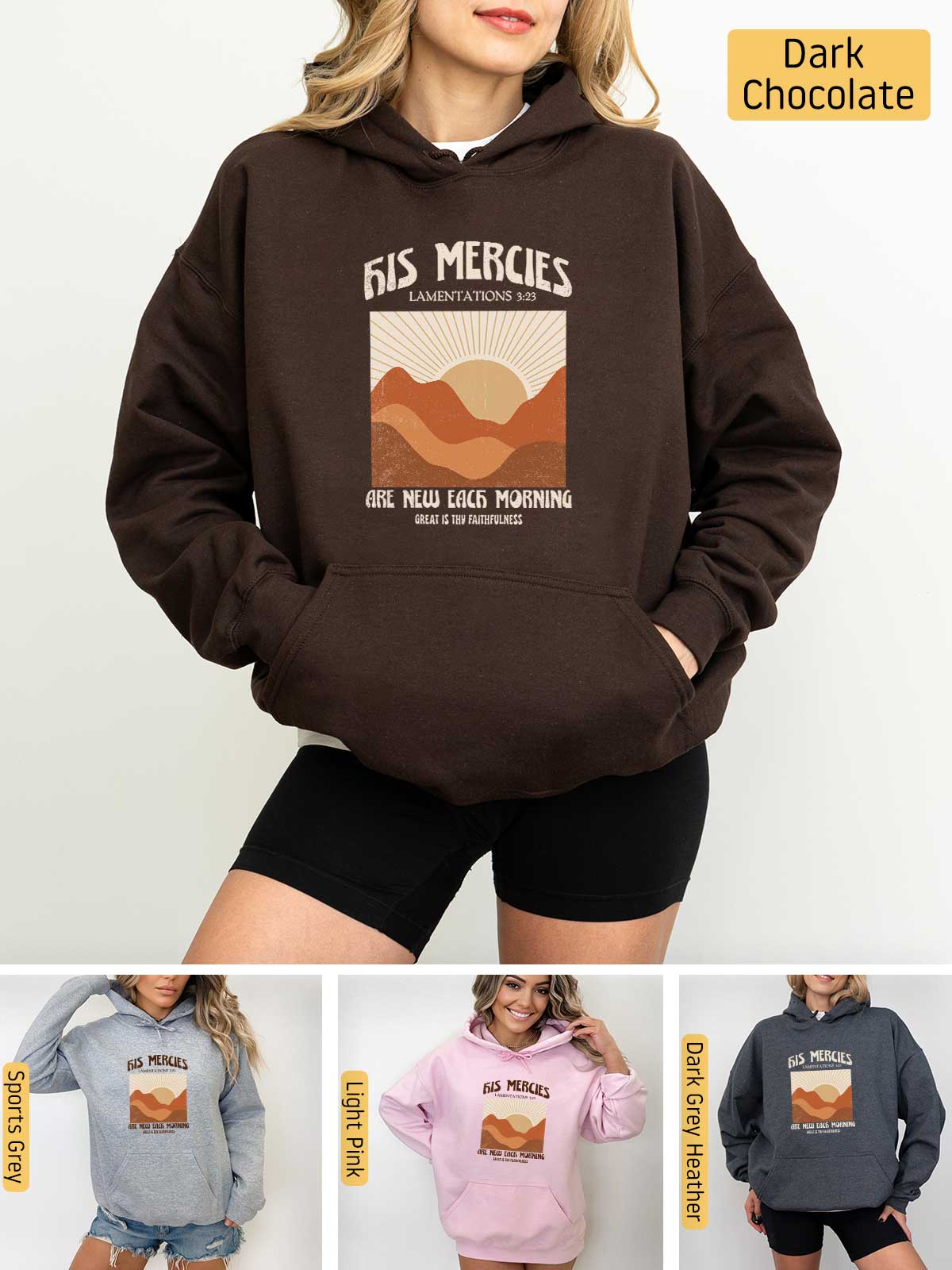 a woman wearing a sweatshirt and shorts with the words as mercies on it