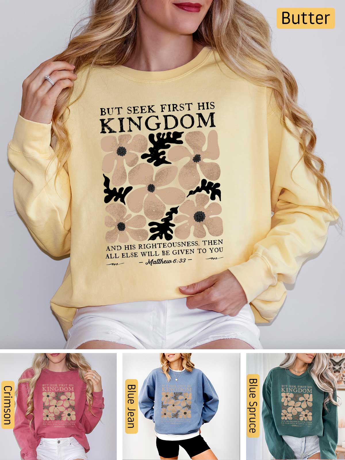 a woman wearing a sweatshirt that says, but seek first his kingdom