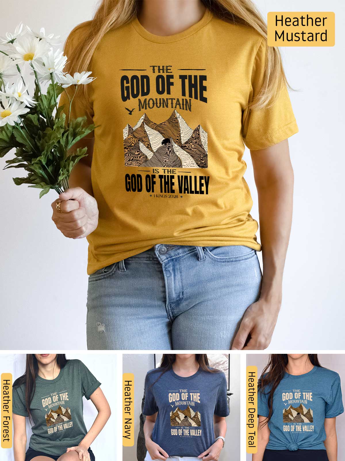 a woman wearing a t - shirt that says god of the mountain