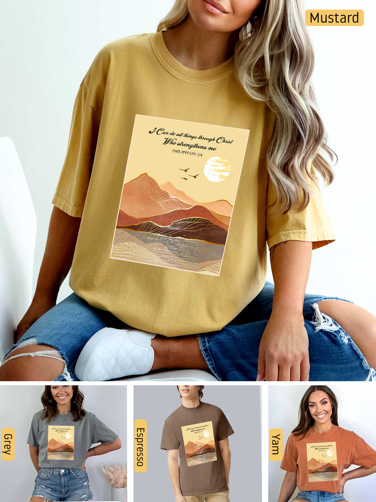 a woman wearing a mustard colored t - shirt with a mountain scene on it