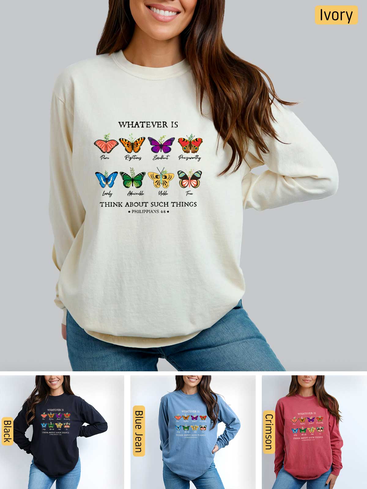 a woman wearing a sweater with butterflies on it