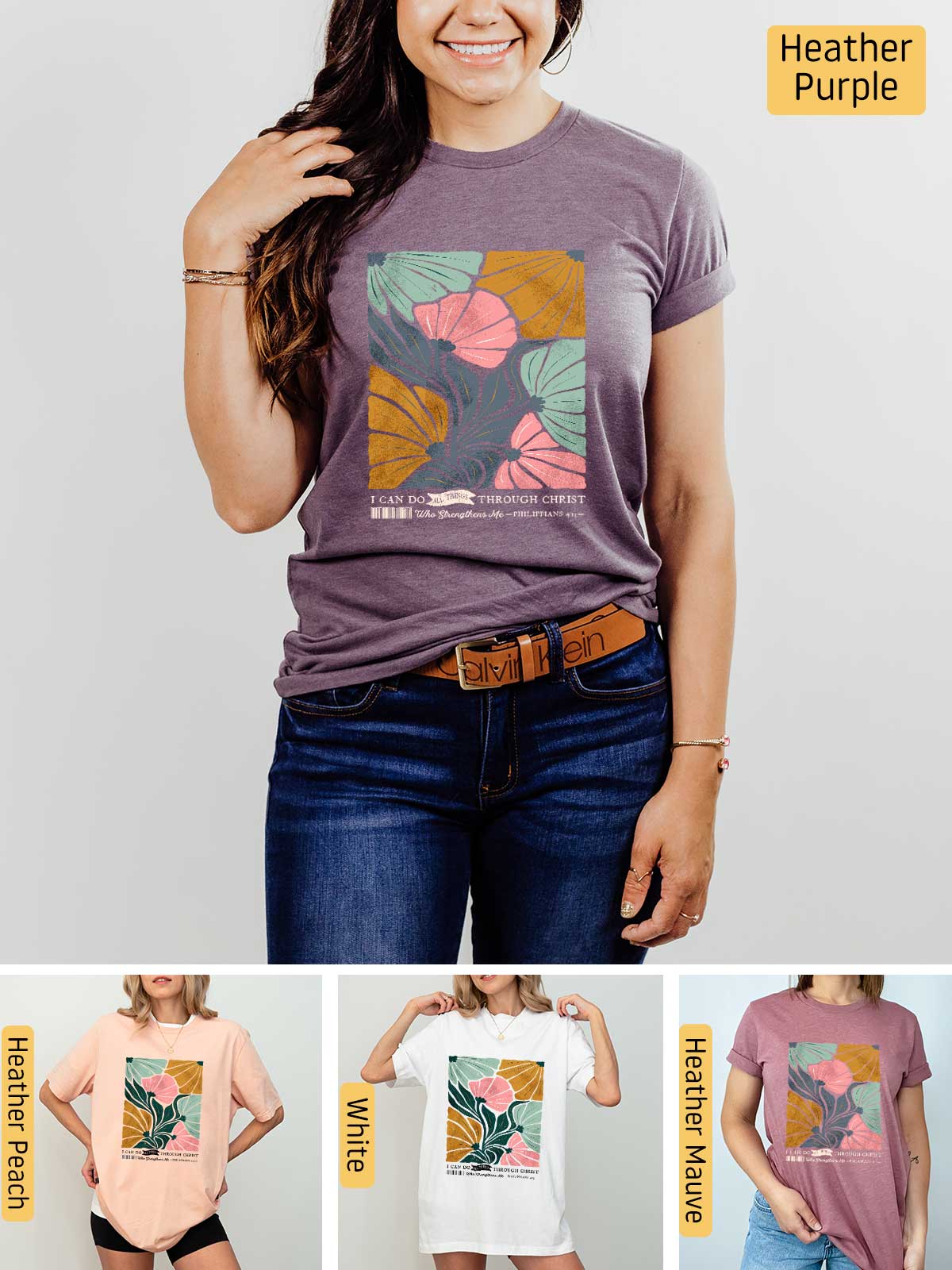 a woman wearing a t - shirt with a flower on it