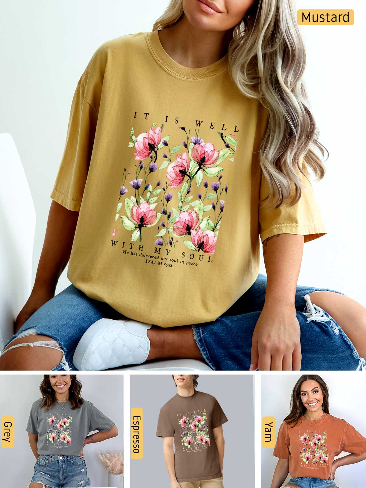 a woman wearing a mustard colored t - shirt with flowers on it