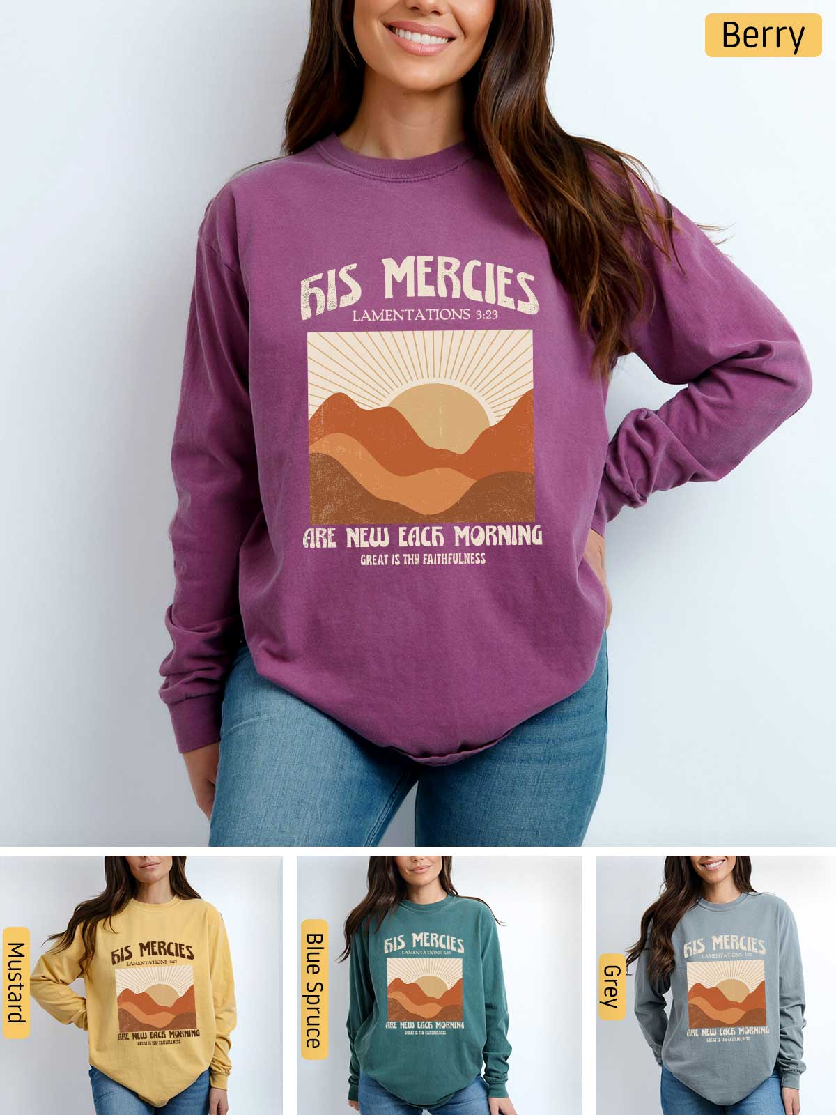 a woman wearing a sweatshirt with a mountain scene on it