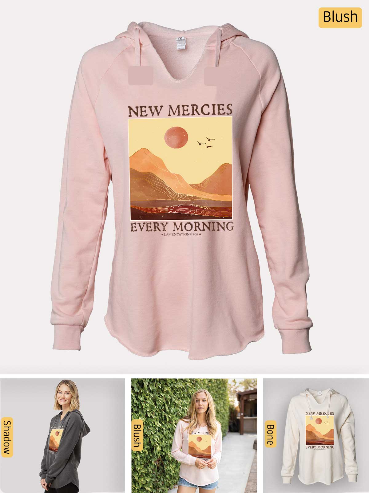 a pink sweatshirt with a picture of a woman in the background