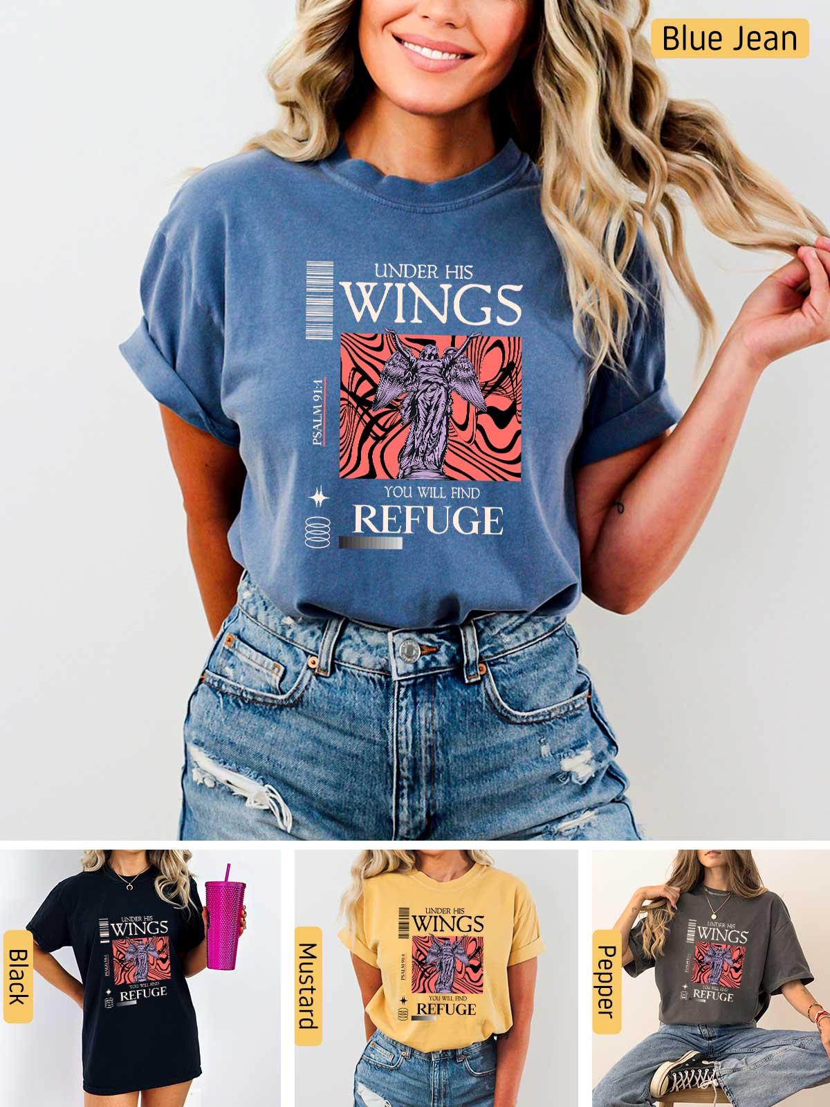 a woman wearing a t - shirt that says wings refuge