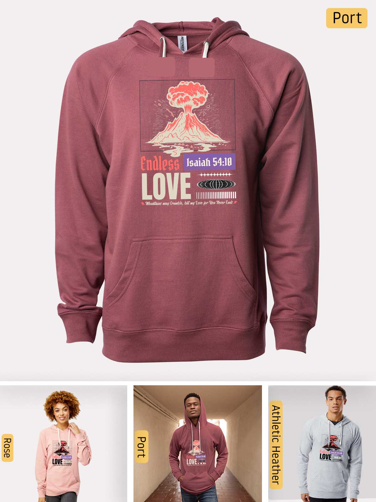 a man wearing a hoodie with a picture of a volcano on it