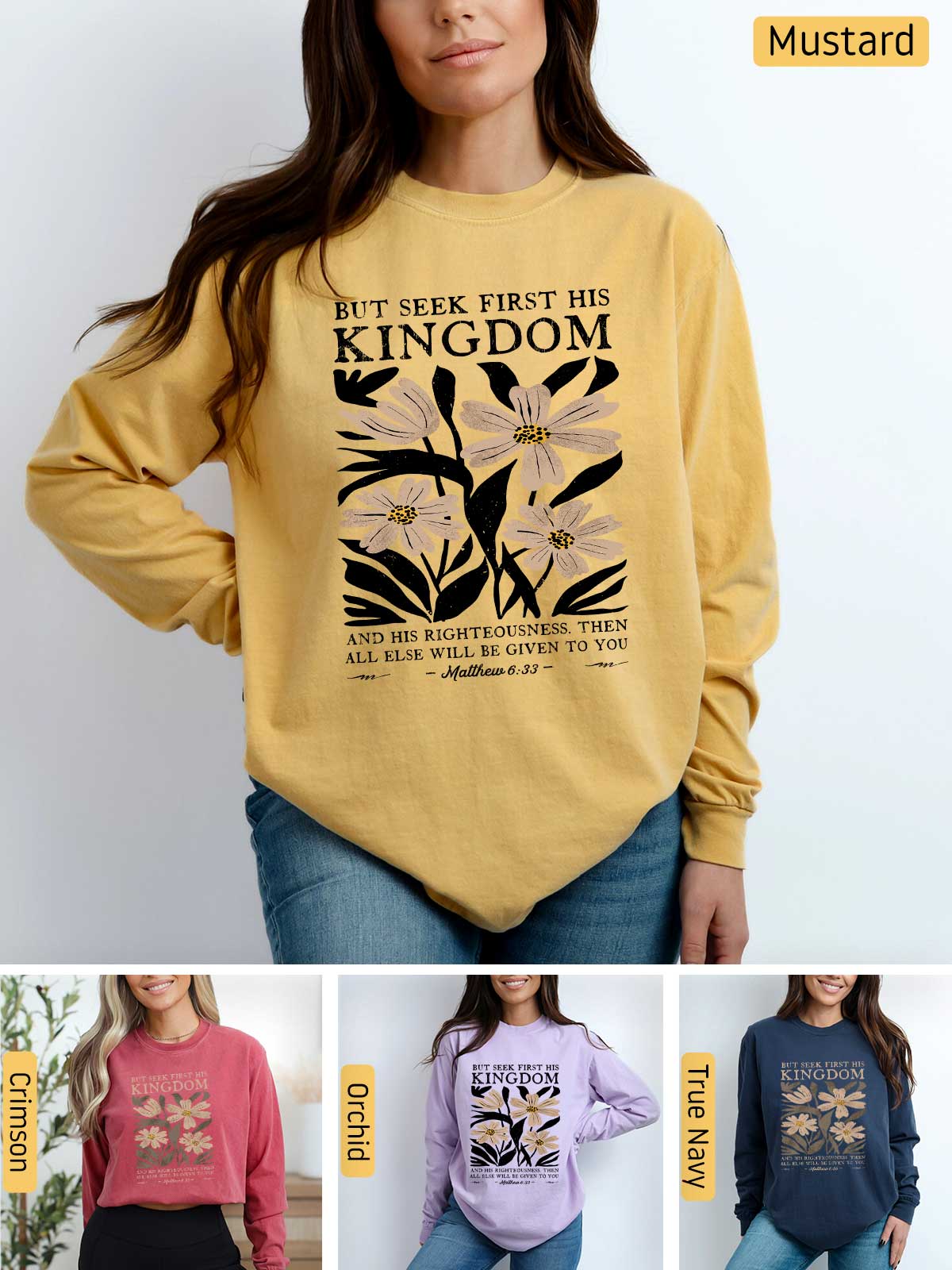 a woman wearing a sweatshirt that says, but seek first he kingdom