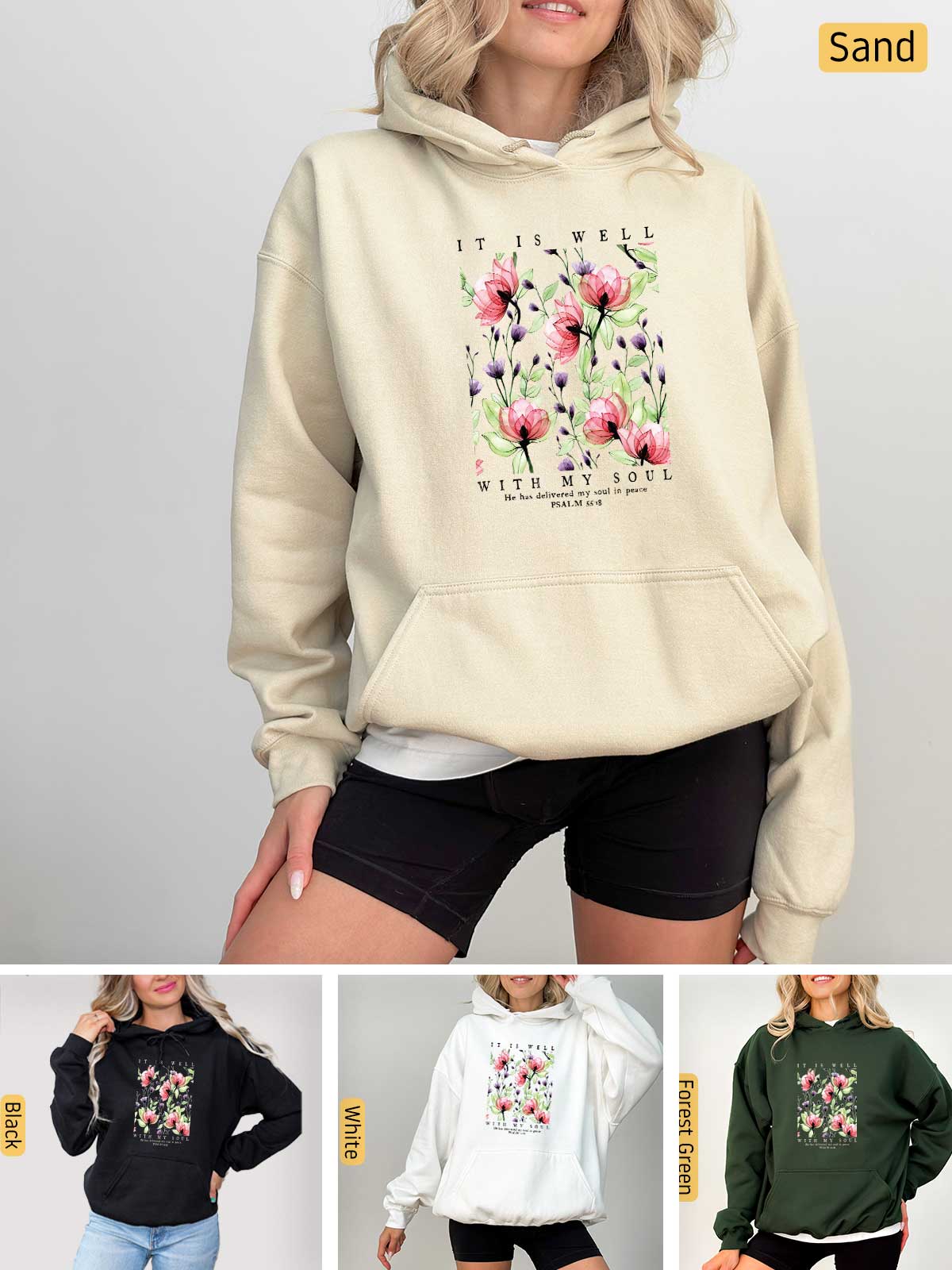 a woman wearing a sweatshirt with flowers on it