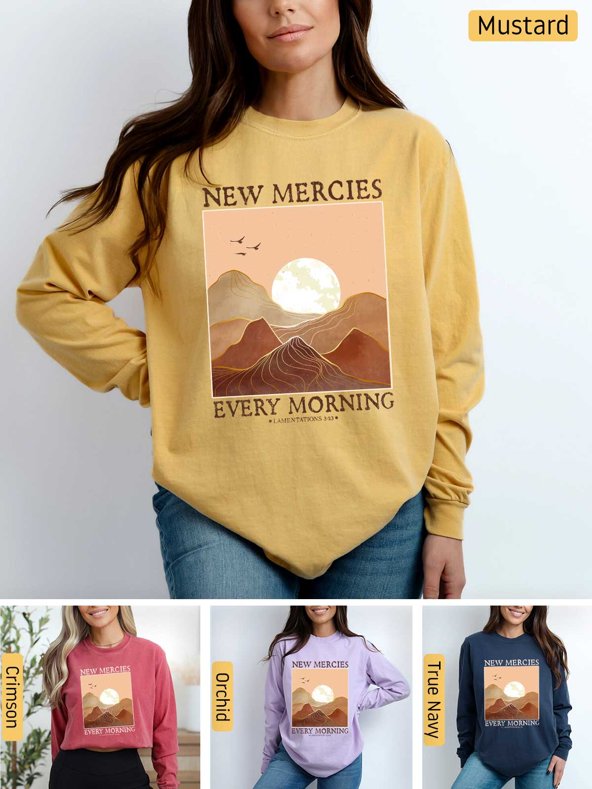 a woman wearing a new mercies every morning sweatshirt