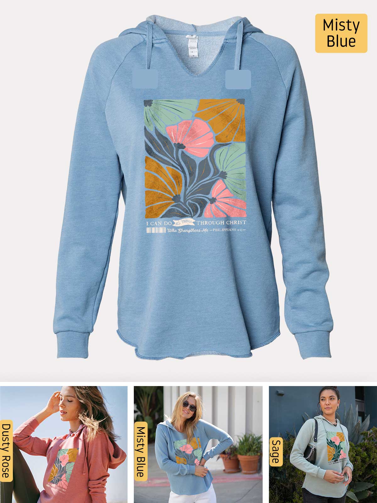 a woman wearing a blue hoodie with a picture of a flower on it