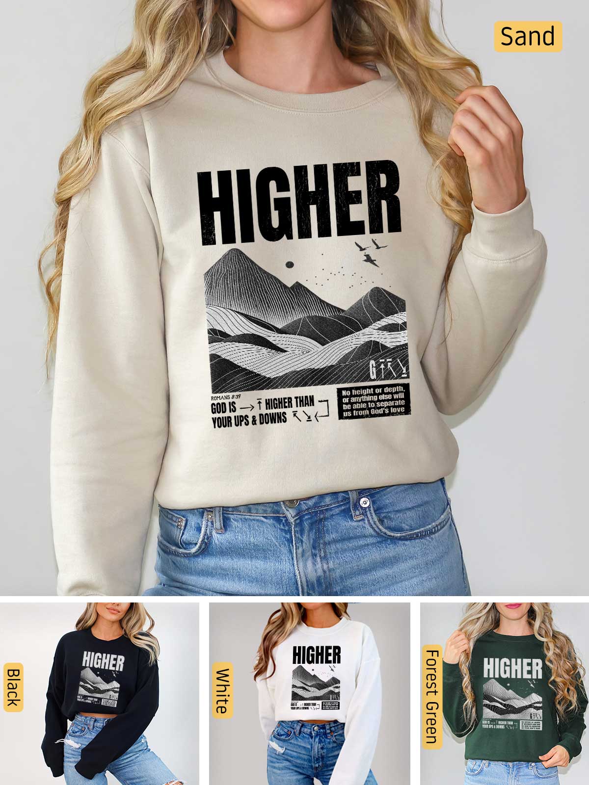 a woman wearing a sweater with the words higher printed on it