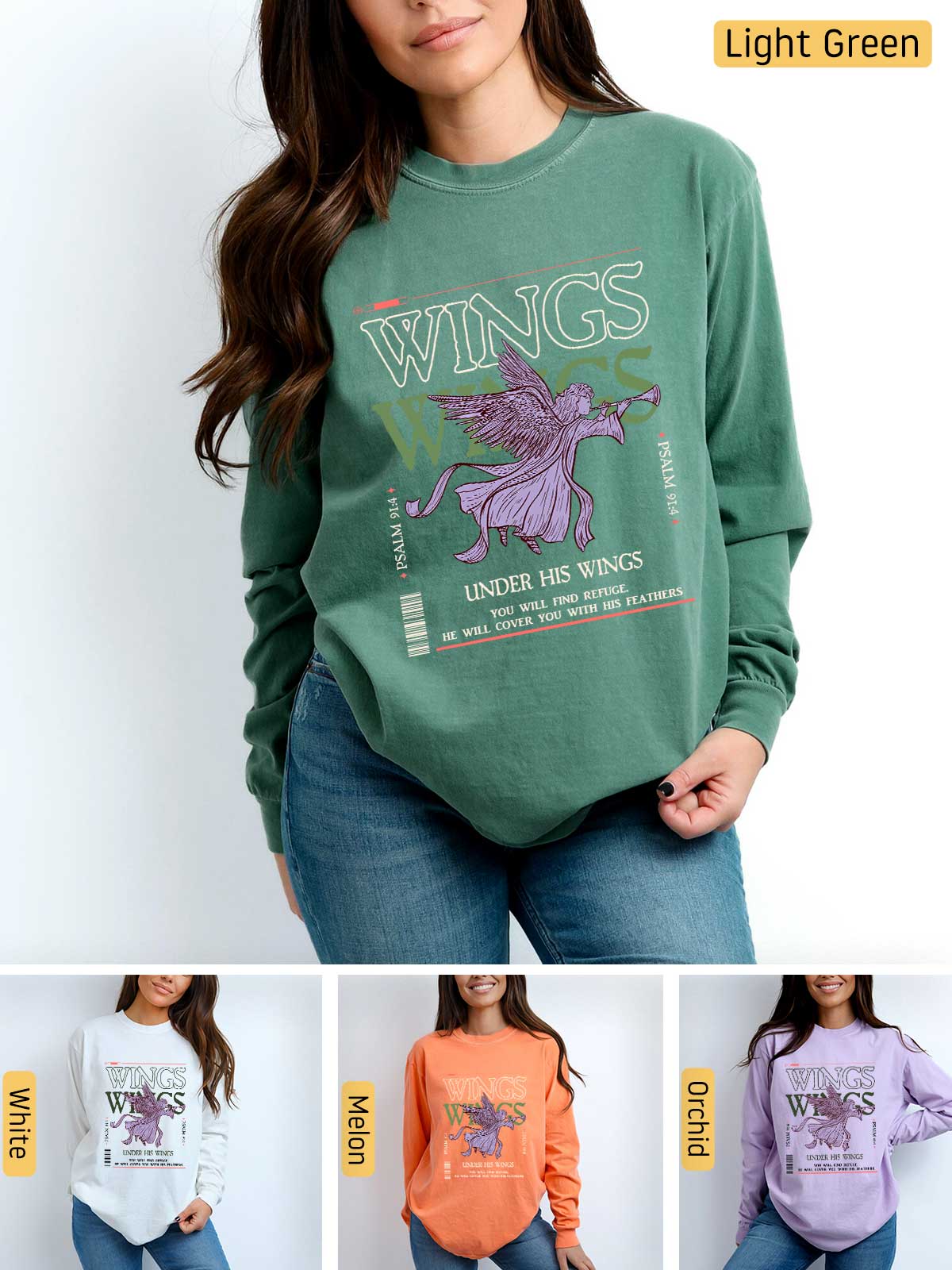 a woman wearing a sweatshirt with wings on it