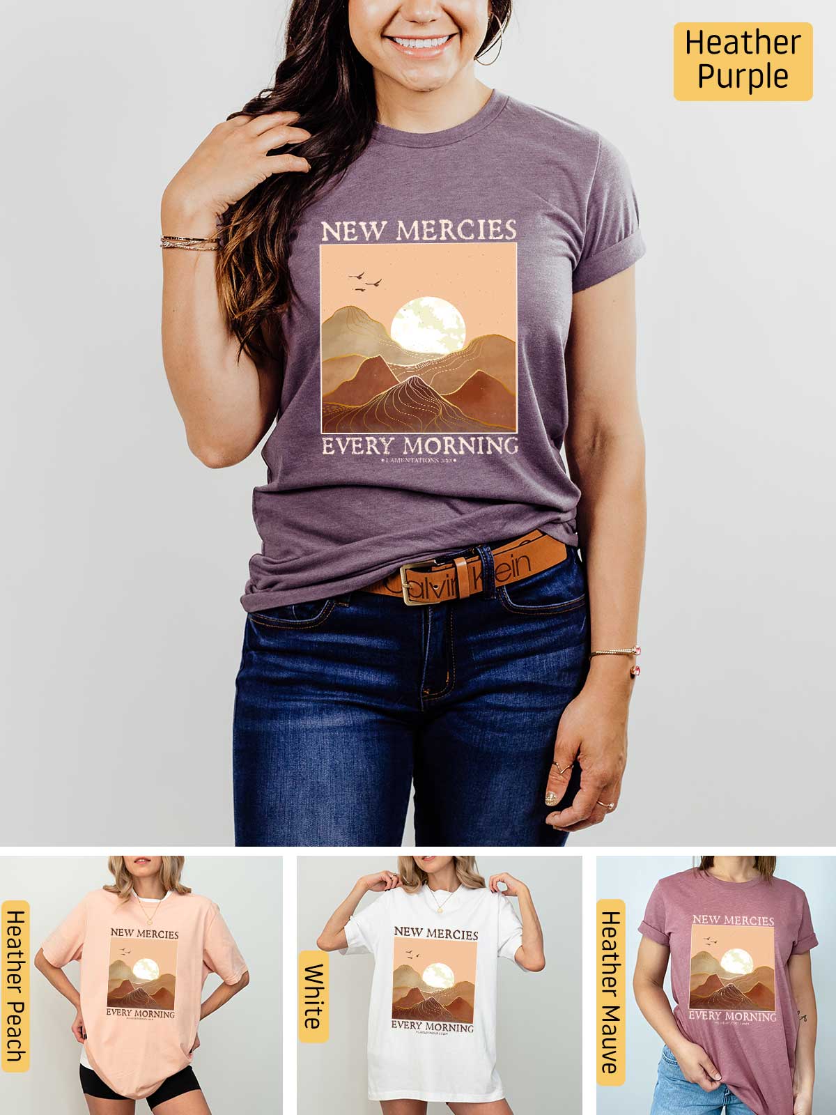 a woman wearing a new mercies every morning t - shirt