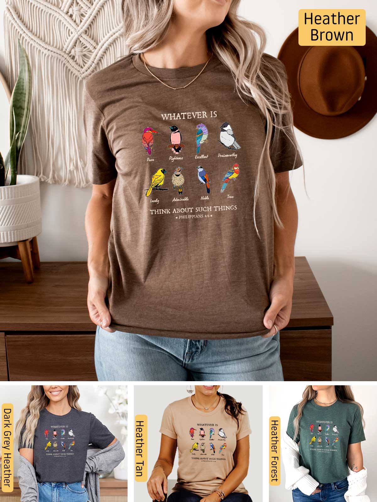 a woman wearing a brown t - shirt with pictures of birds on it