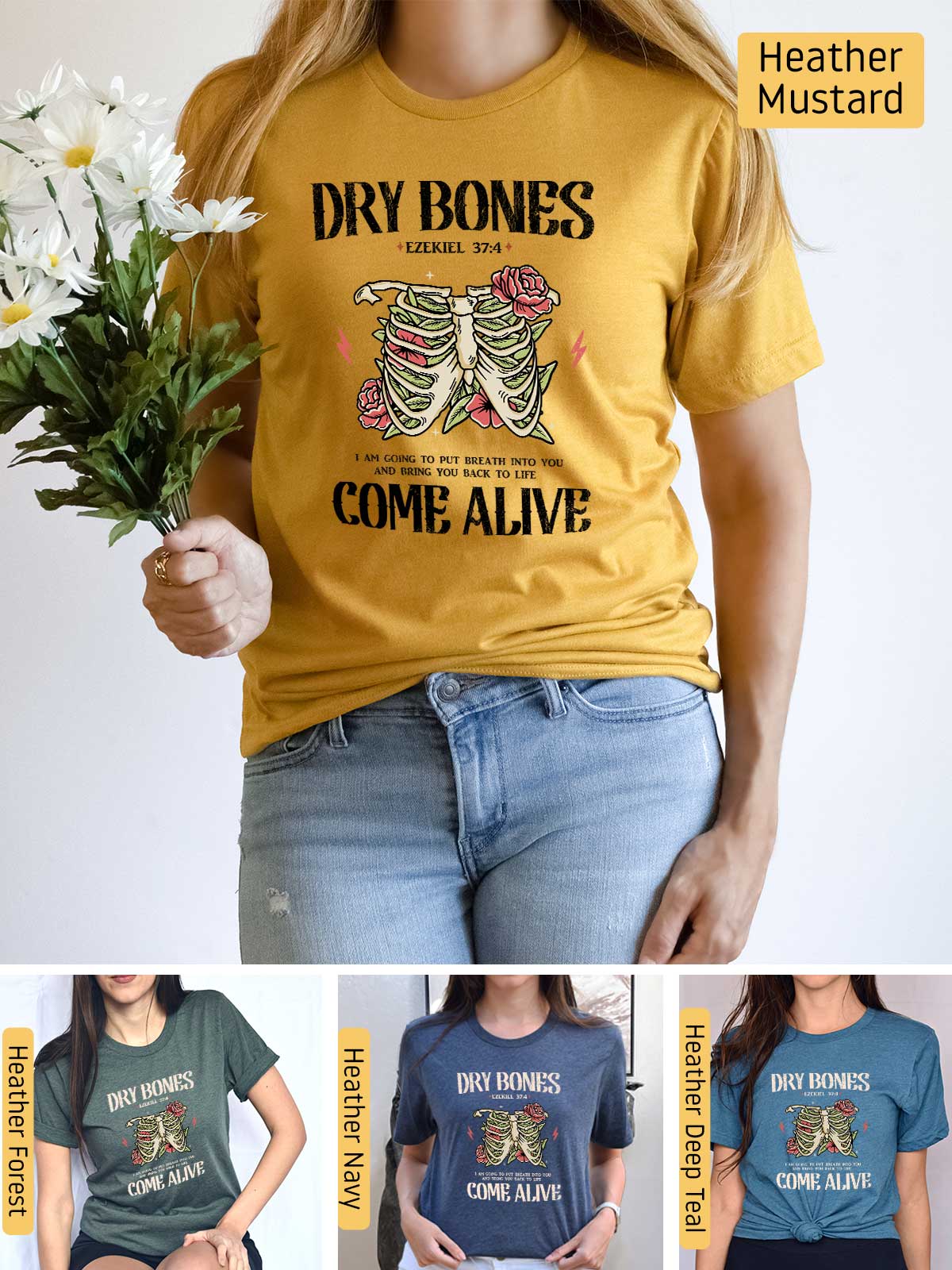 a woman wearing a dry bones t - shirt and holding a flower