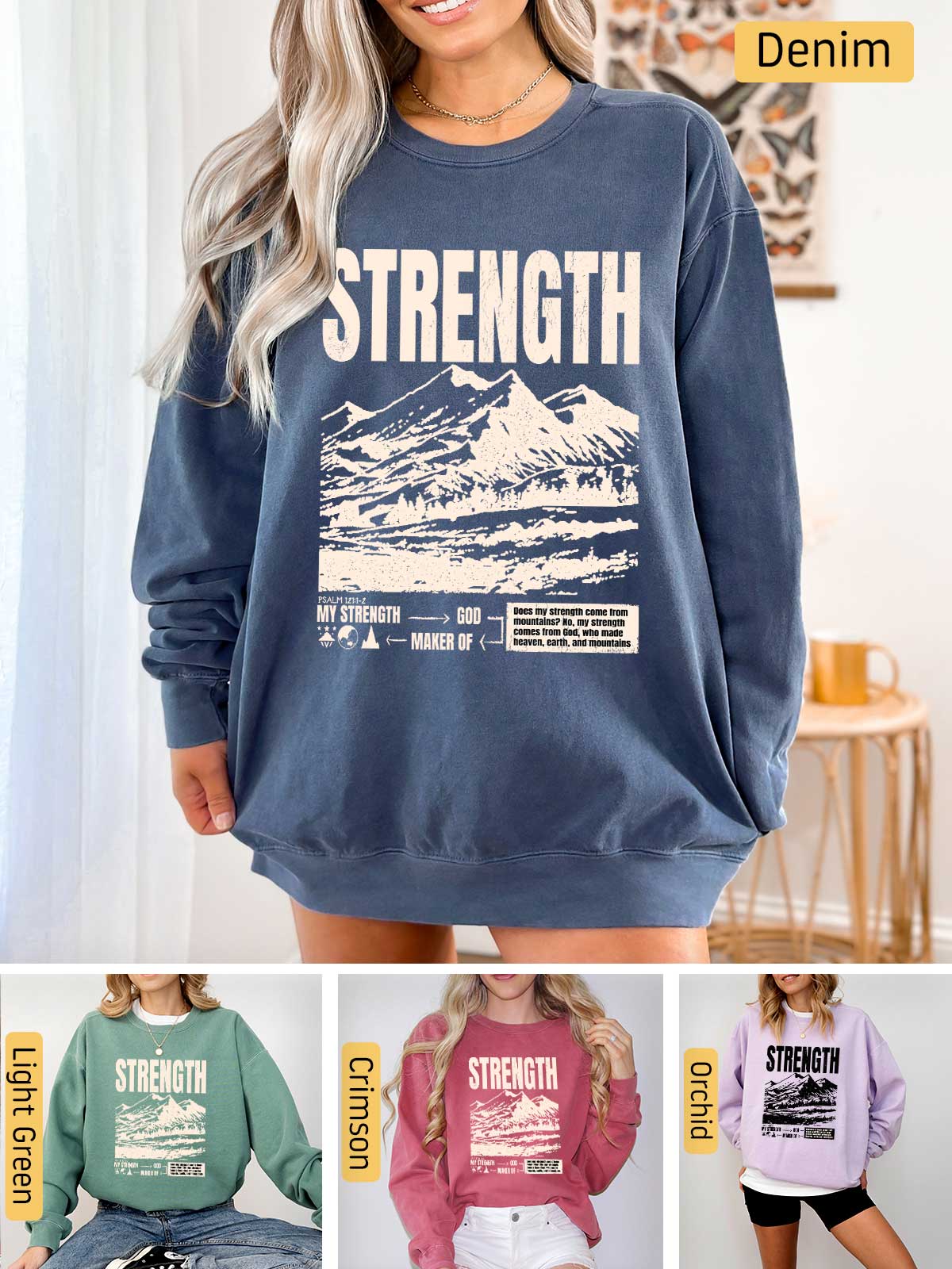 a woman wearing a sweatshirt with the words strength on it