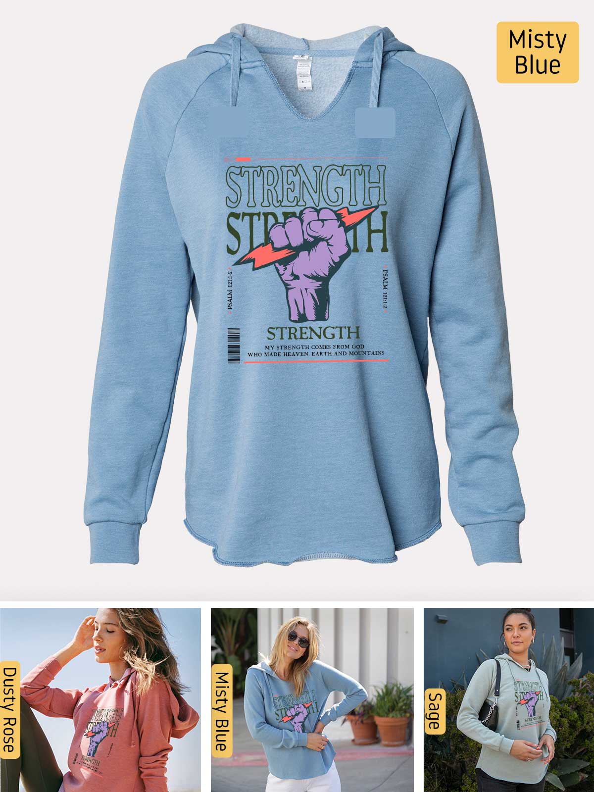 a woman wearing a blue hoodie with a picture of a woman wearing a pink