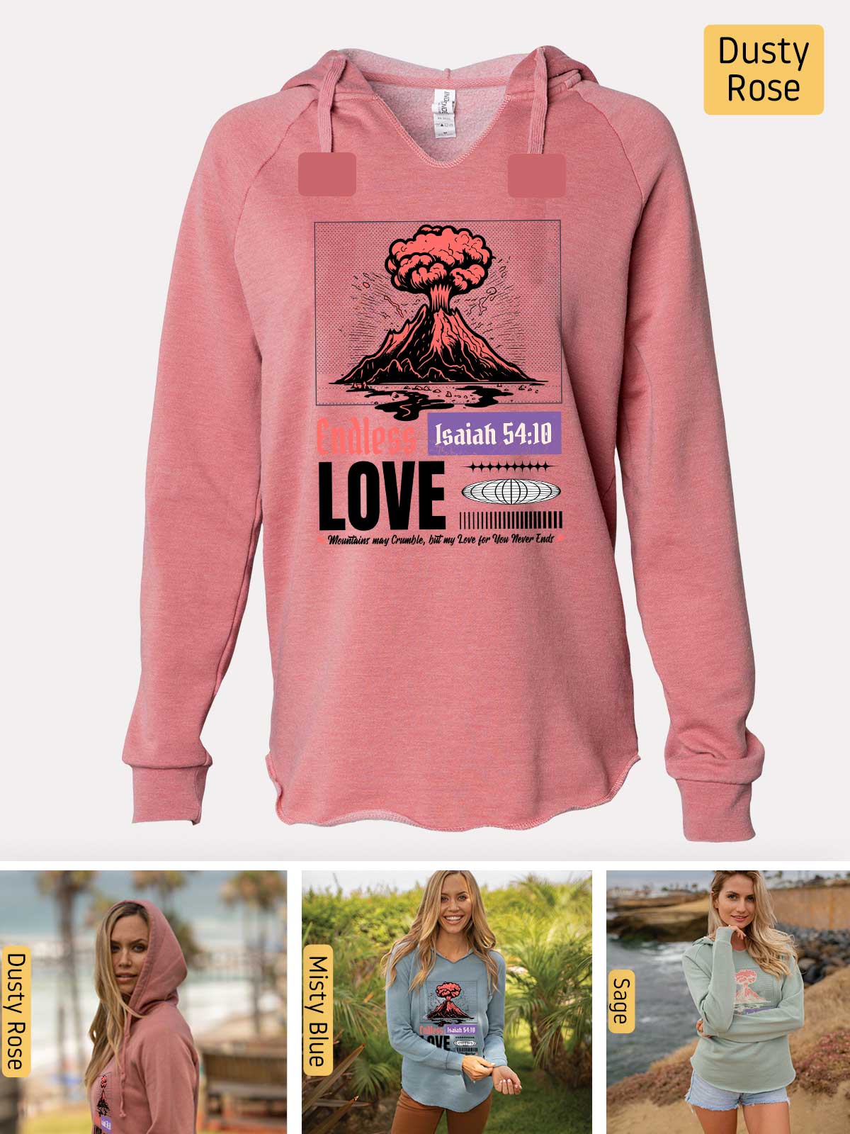a pink hoodie with a picture of a volcano on it