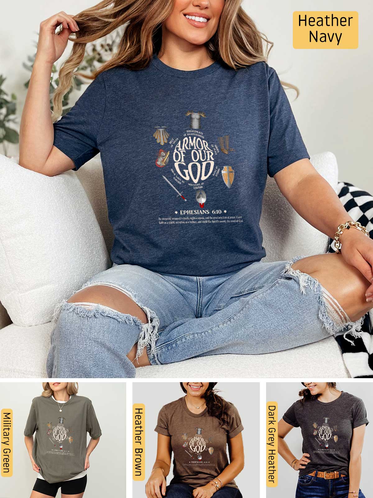 a woman sitting on a couch wearing a harry potter shirt