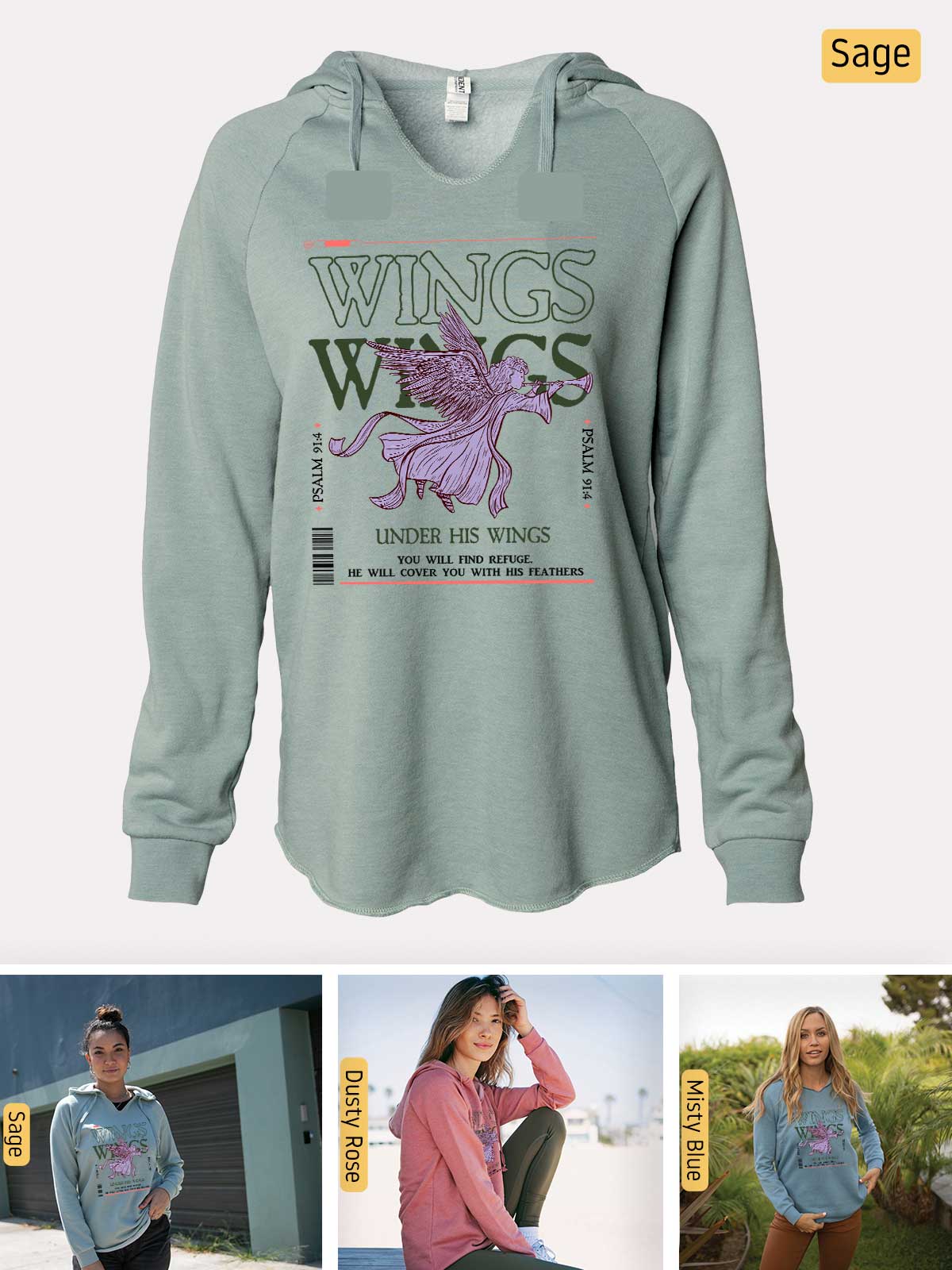 a woman wearing a sweatshirt with wings on it