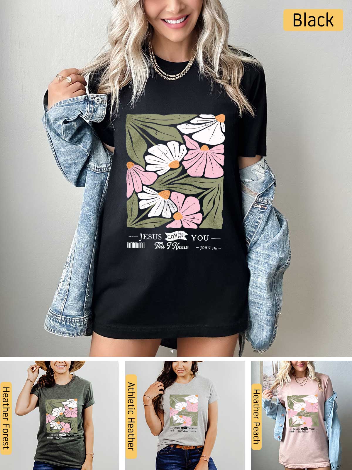 a woman wearing a t - shirt with flowers on it