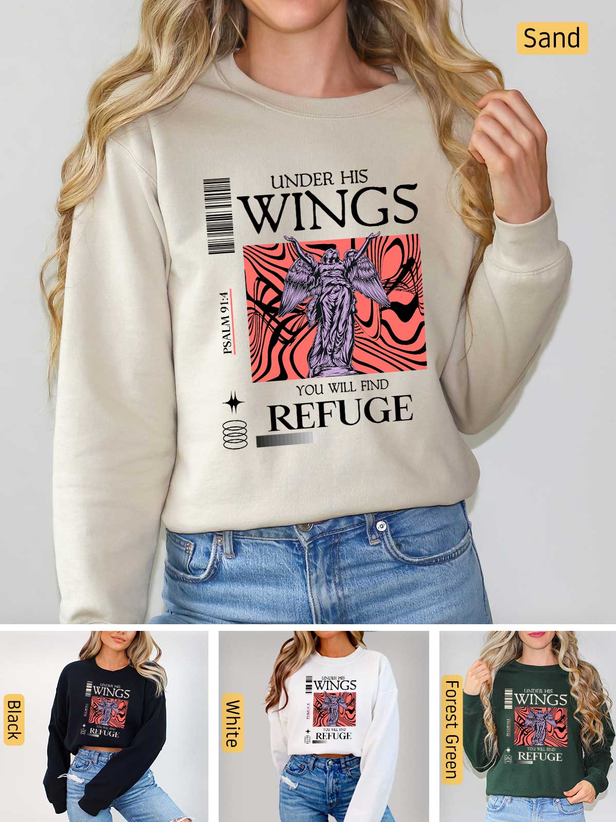 a woman wearing a sweatshirt with wings on it