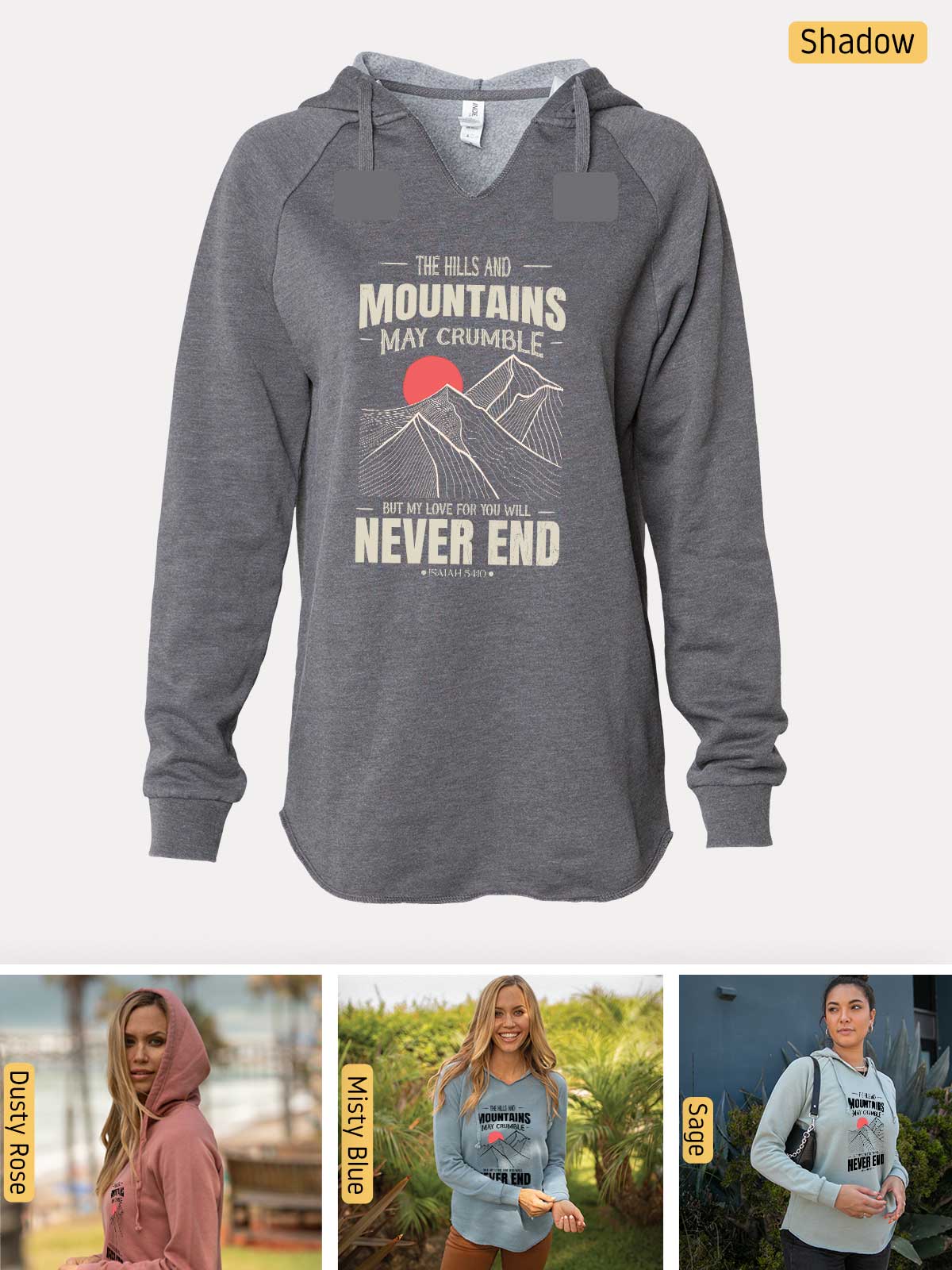 a women's hoodie with a picture of a mountain scene on it